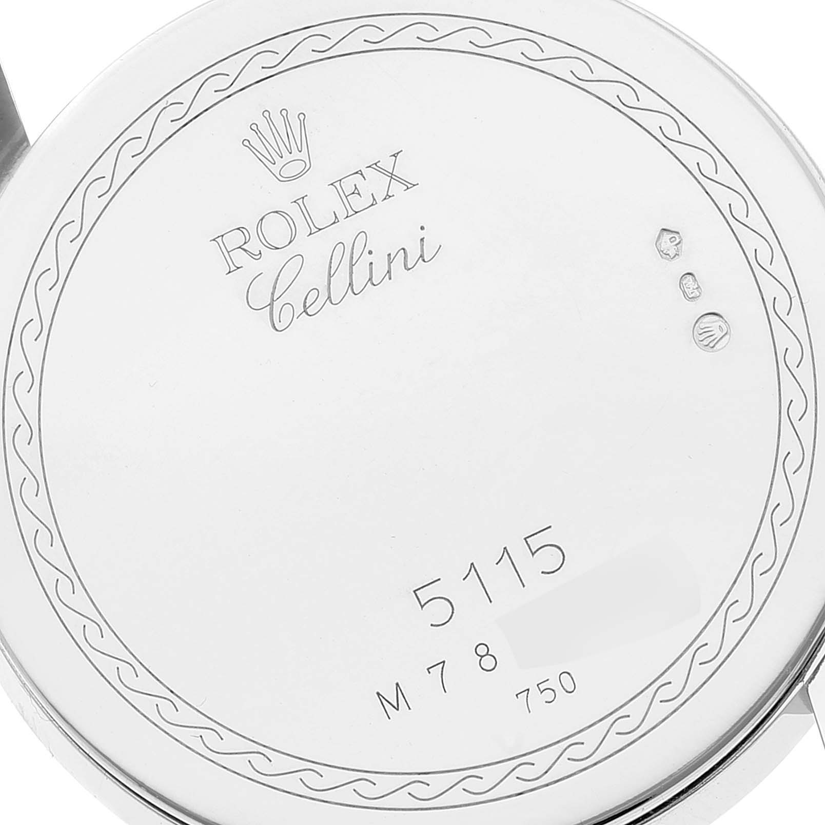 The image shows the back case of the Rolex Cellini 5115 Men's White Gold Mother of Pearl Dial 5115 Men's White Gold Mother of Pearl Dial watch, featuring the model number 5115 and hallmarks.