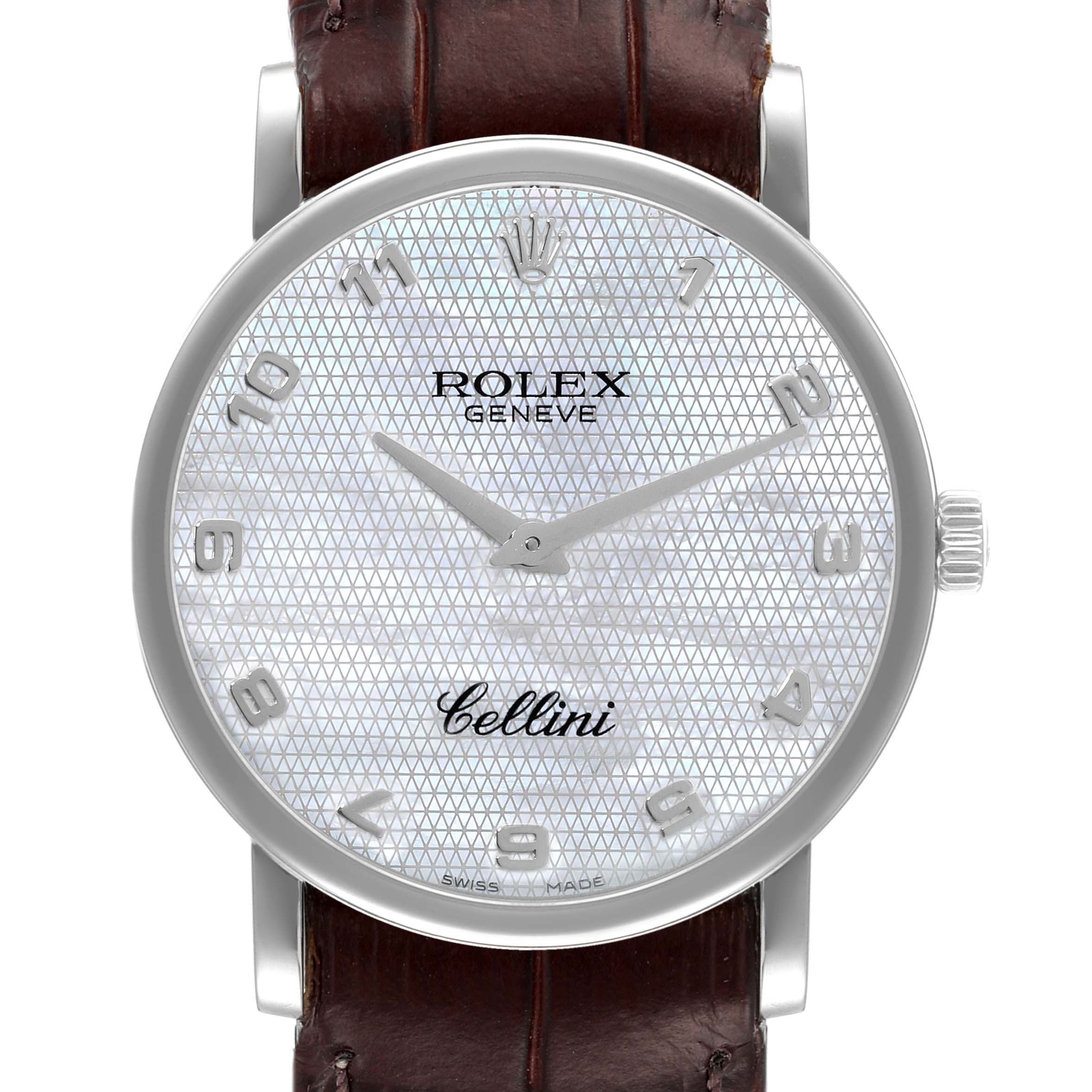 The image shows a front view of a Rolex Cellini 5115 Men's White Gold Mother of Pearl Dial 5115 Men's White Gold Mother of Pearl Dial watch, displaying the dial, hands, and part of the leather strap.