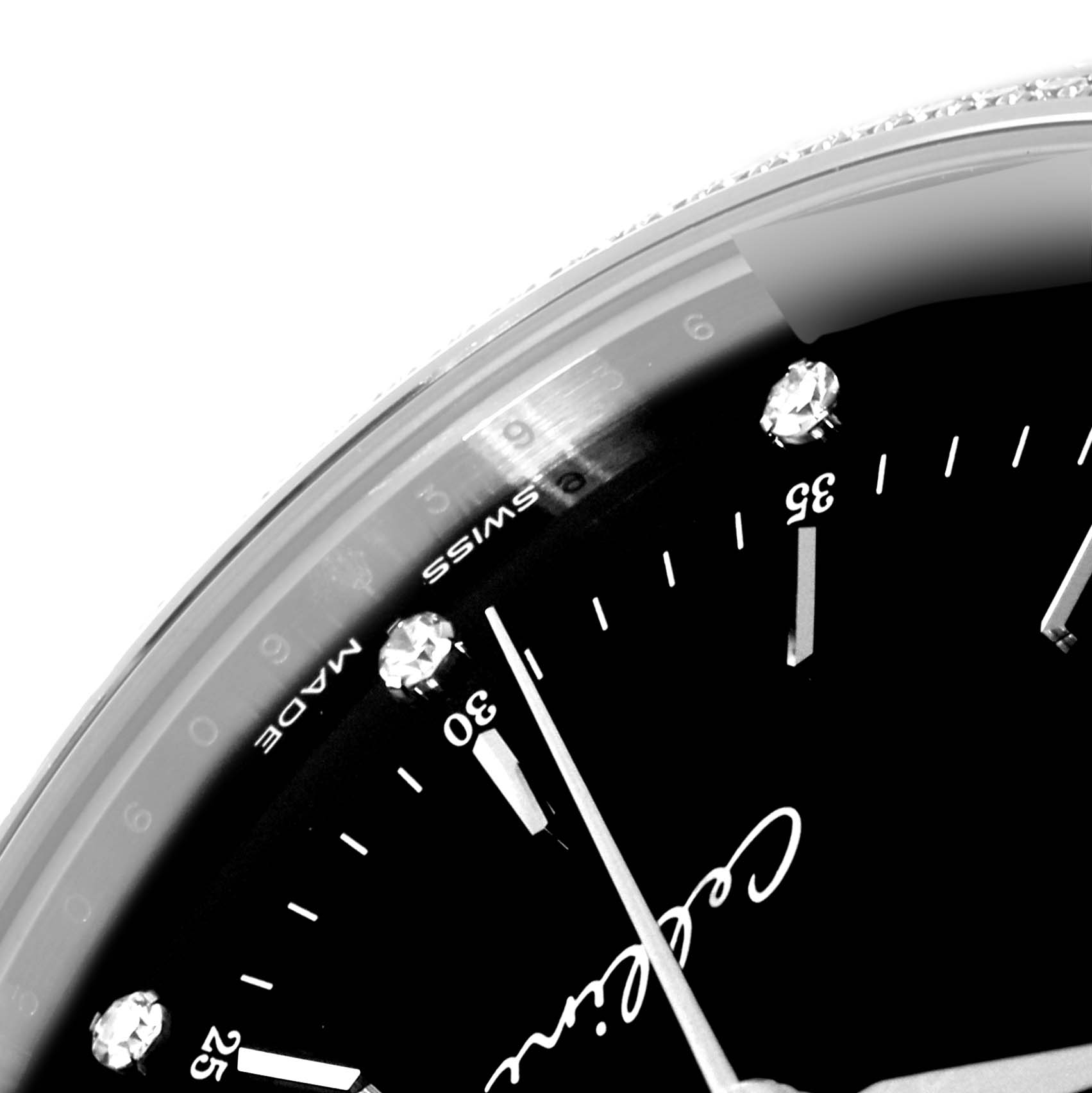 The image shows a close-up of the Rolex Cellini 50609RBR Men's White Gold Black Dial 50609RBR Men's White Gold Black Dial watch dial, featuring the logo, Swiss Made text, minute markers, and diamond indices.
