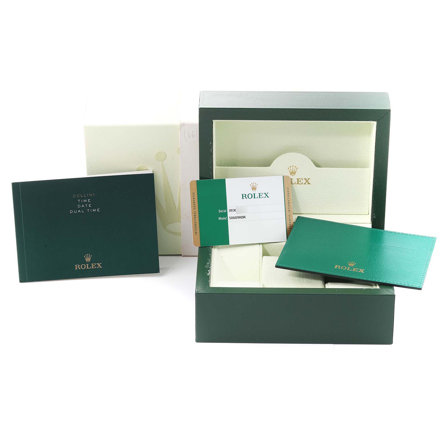 The image shows an open Rolex Cellini 50609RBR Men's White Gold Black Dial 50609RBR Men's White Gold Black Dial watch box, warranty card, and user manual from a front angle.