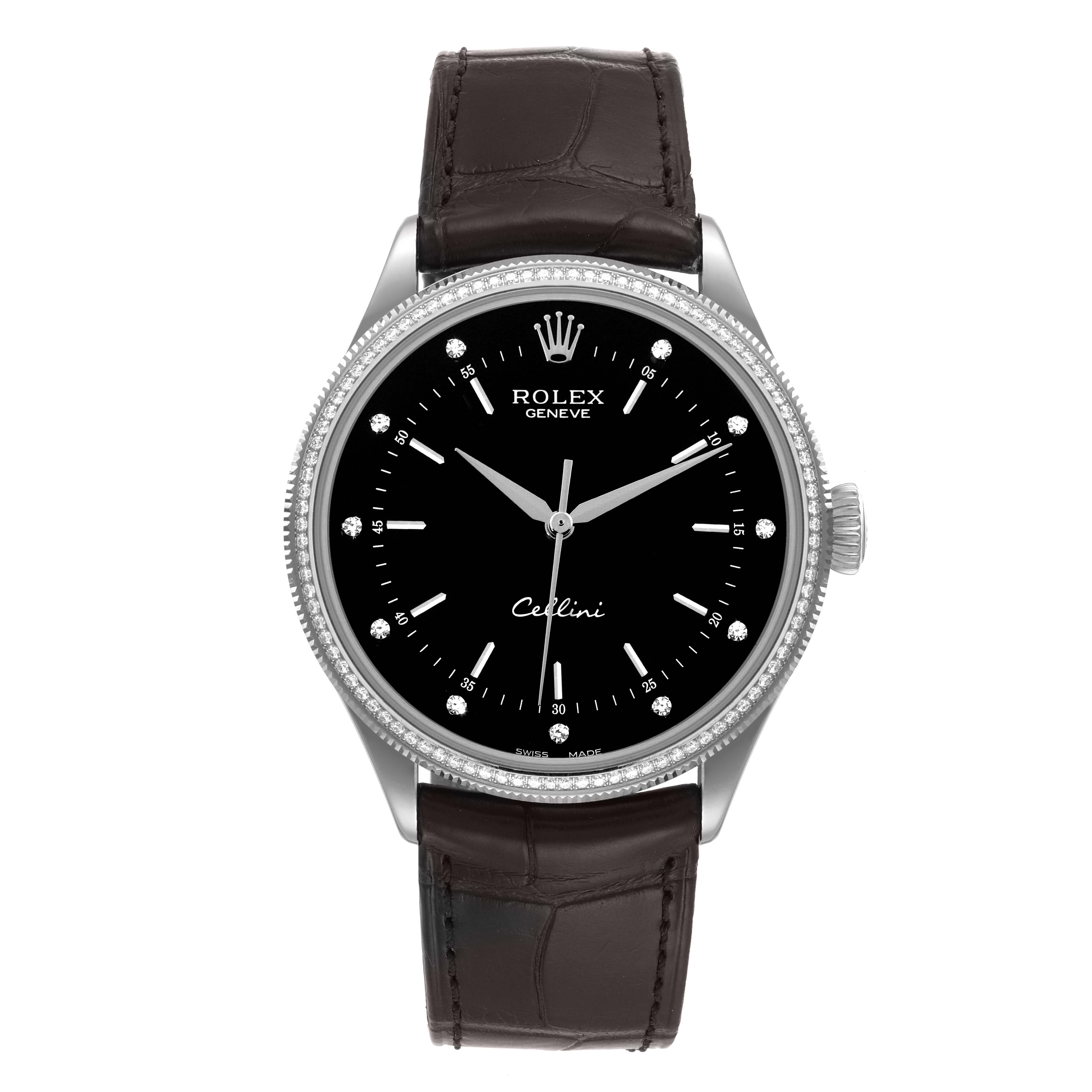 The Rolex Cellini 50609RBR Men's White Gold Black Dial 50609RBR Men's White Gold Black Dial watch is shown from a top-down angle, displaying the face, bezel, and leather strap.