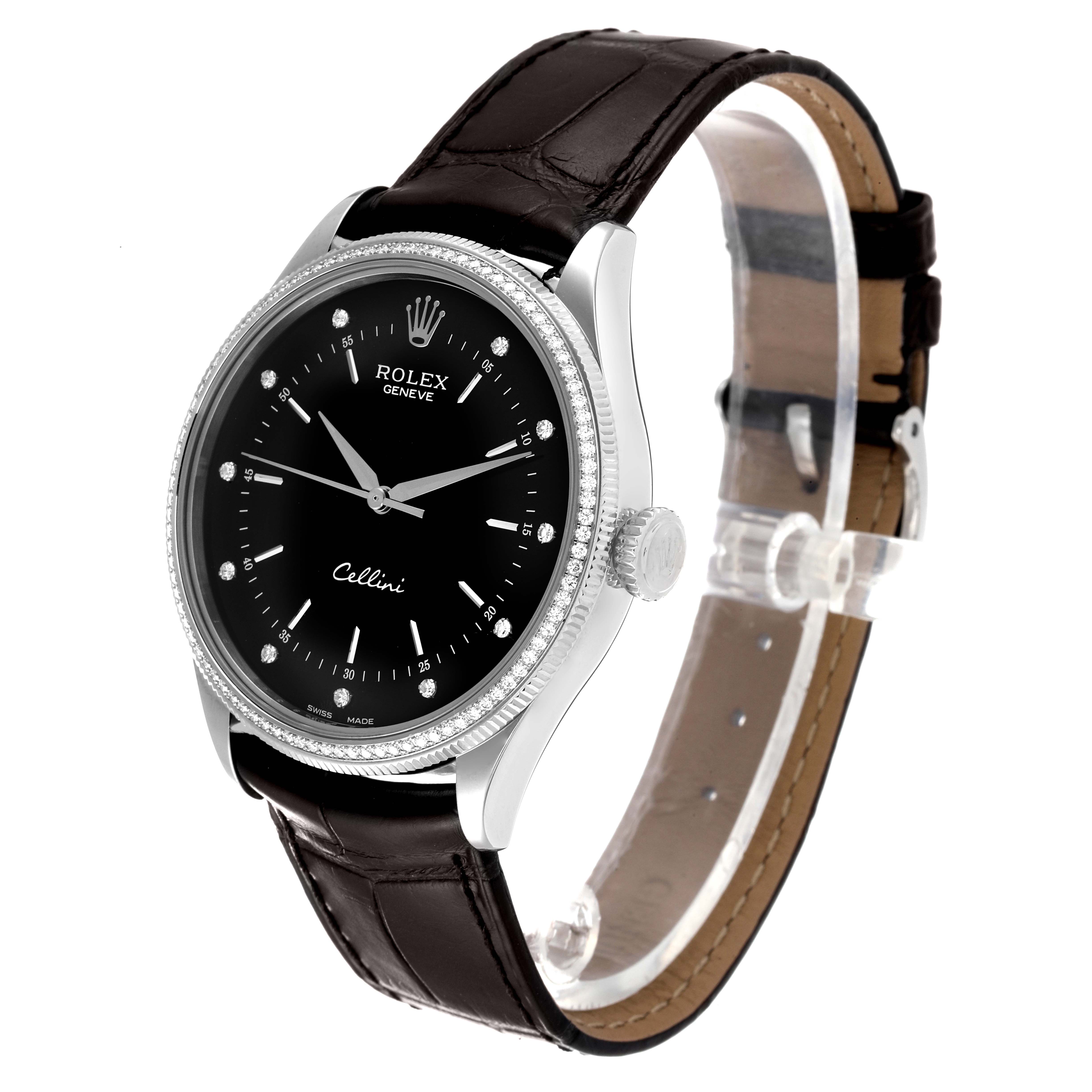 This image shows a side angle of the Rolex Cellini 50609RBR Men's White Gold Black Dial 50609RBR Men's White Gold Black Dial watch highlighting the face, bezel, and leather strap.