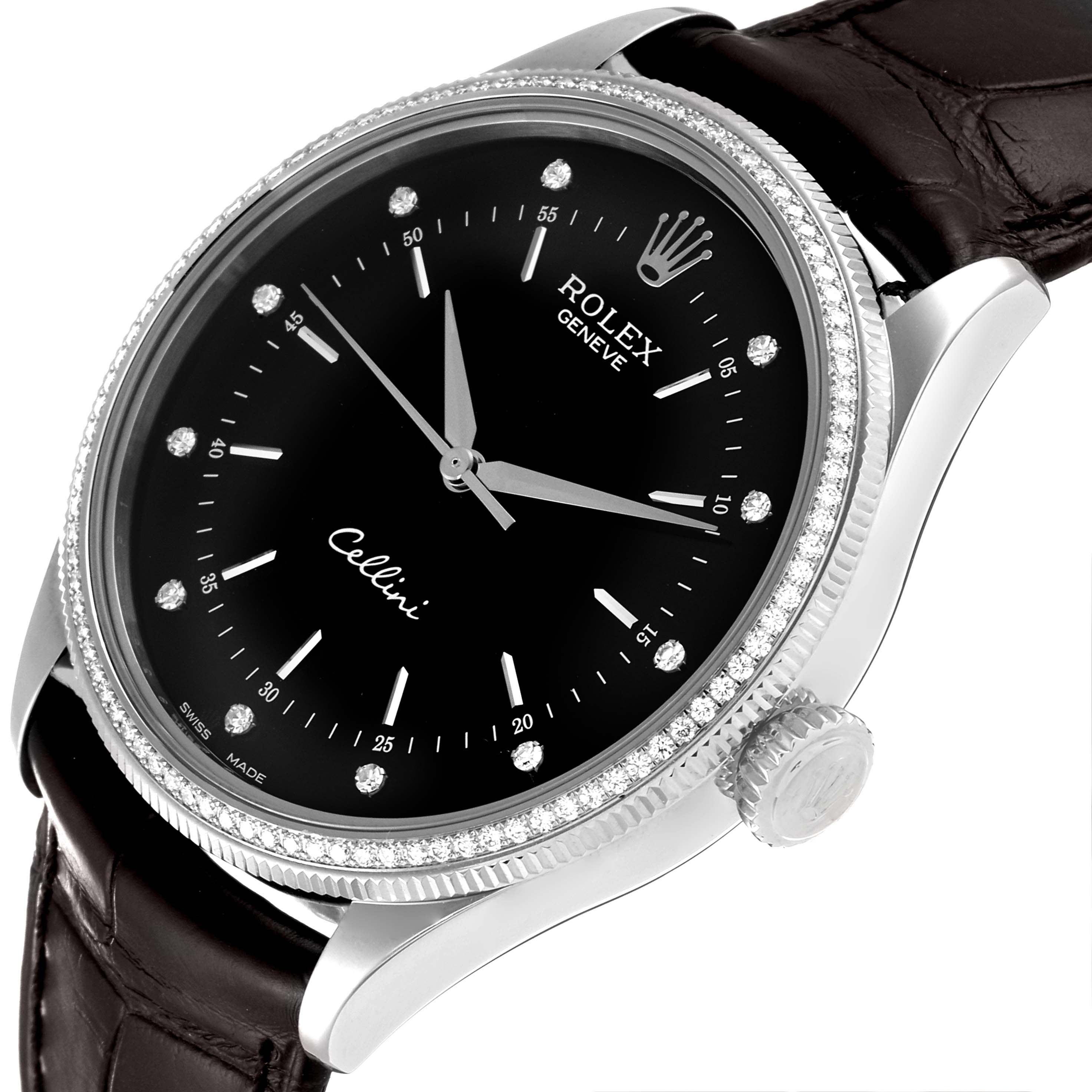 The Rolex Cellini 50609RBR Men's White Gold Black Dial 50609RBR Men's White Gold Black Dial watch is shown from a slightly angled side view, highlighting the dial, case, bezel, and part of the strap.