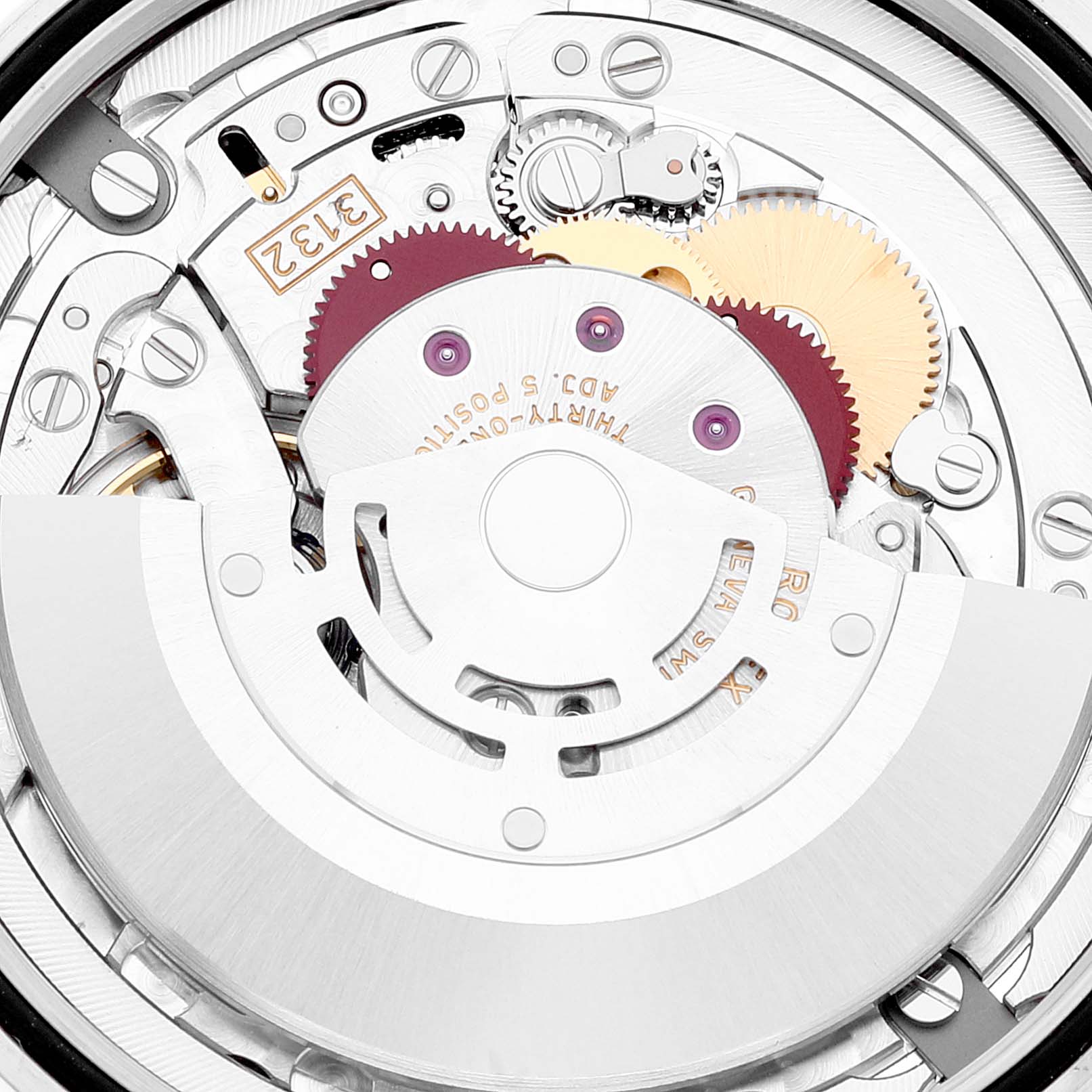 This image shows an internal view of the Rolex Cellini 50609RBR Men's White Gold Black Dial 50609RBR Men's White Gold Black Dial watch movement, highlighting gears and mechanical components.