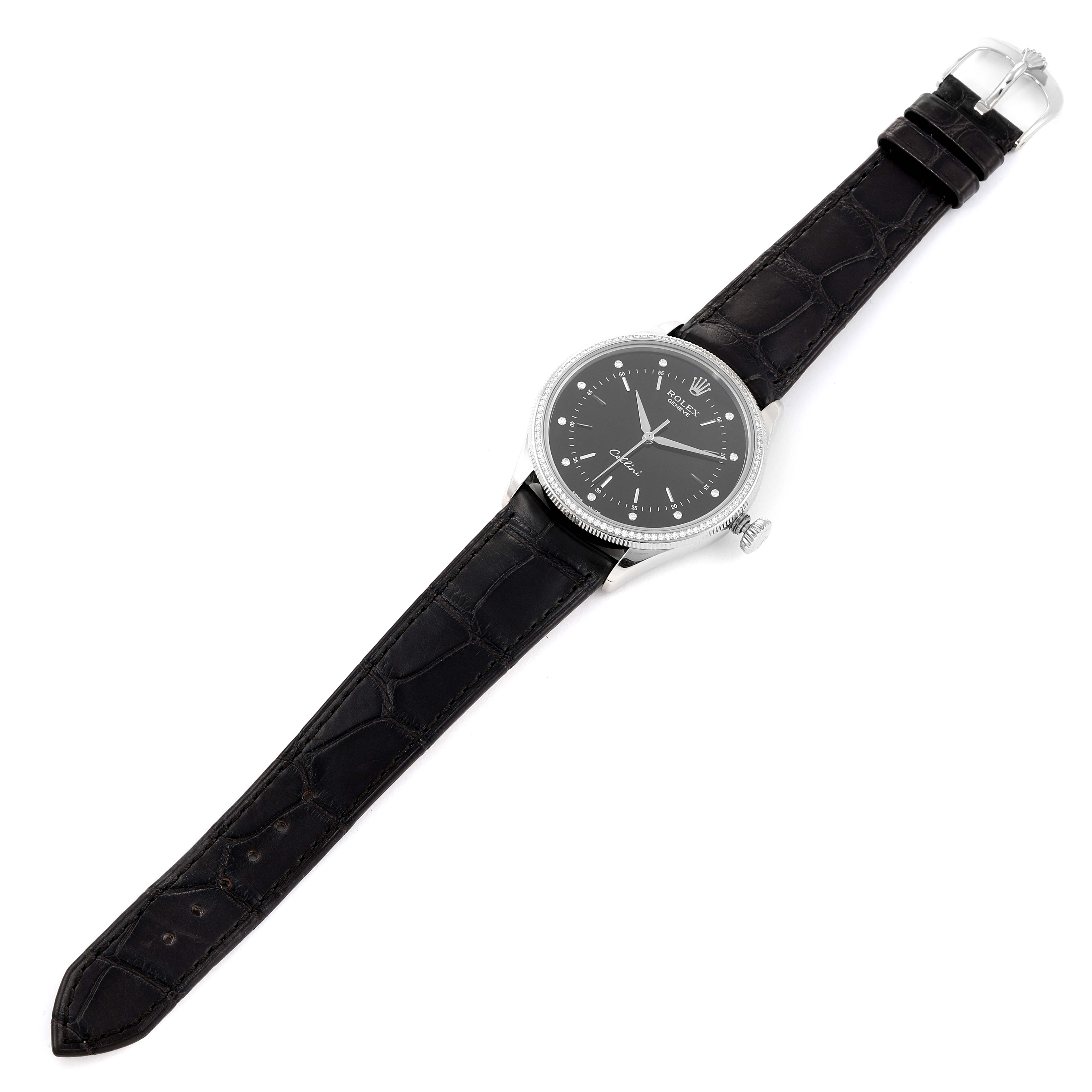 This image shows a top-down view of a Rolex Cellini 50609RBR Men's White Gold Black Dial 50609RBR Men's White Gold Black Dial watch, displaying its black leather strap and round dial.
