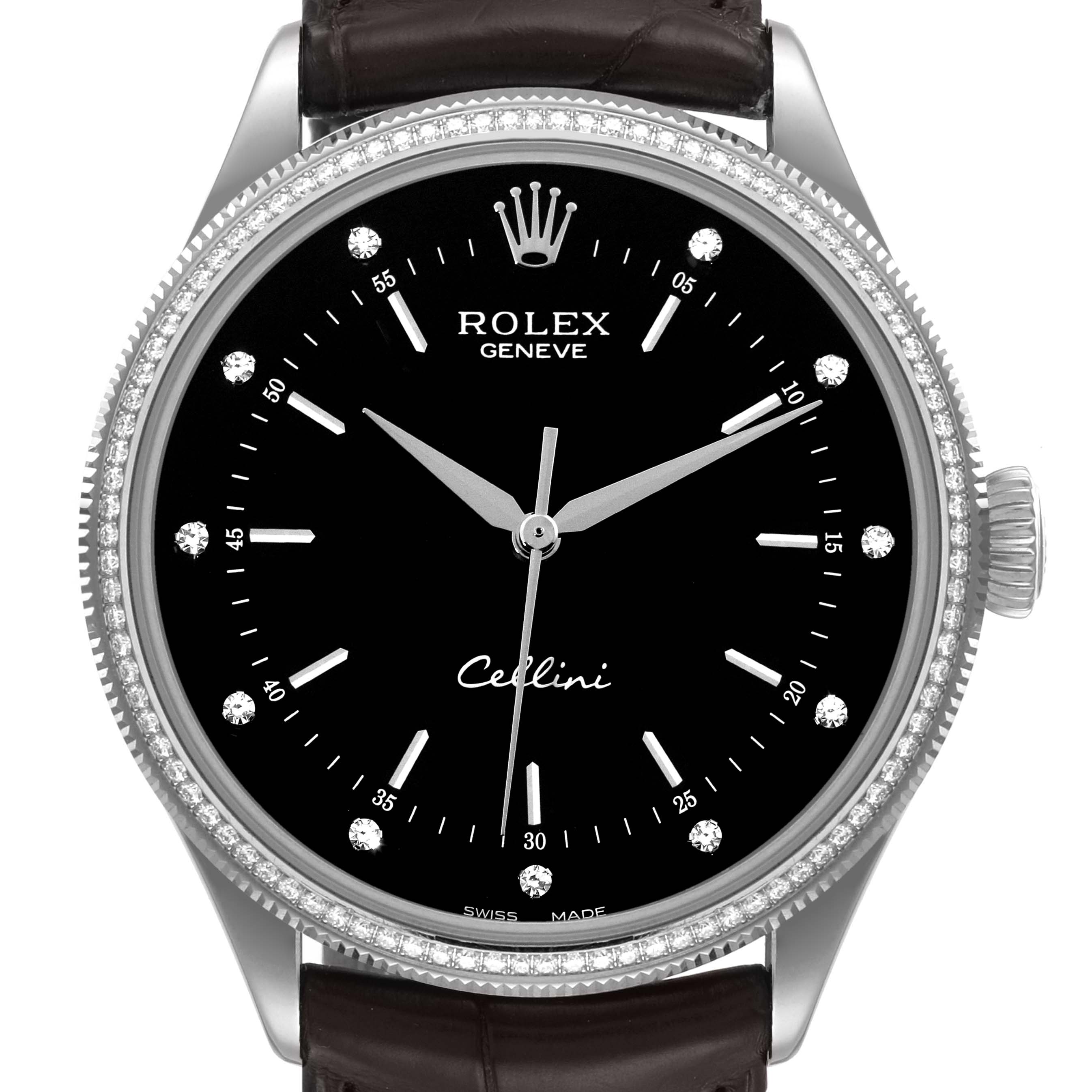 This image shows a front view of the Rolex Cellini 50609RBR Men's White Gold Black Dial 50609RBR Men's White Gold Black Dial watch, displaying the face, bezel, and part of the leather strap.