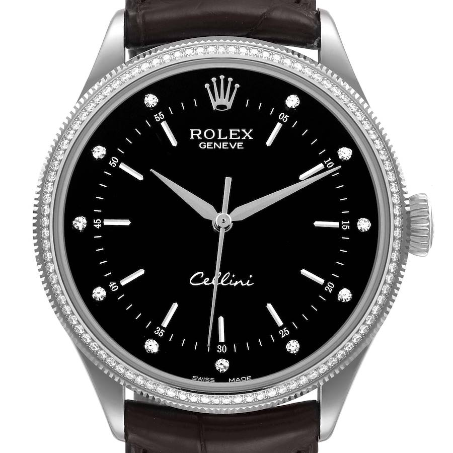 Rolex Cellini White Gold Black Dial Diamond Mens Watch 50609 Box Card SwissWatchExpo
