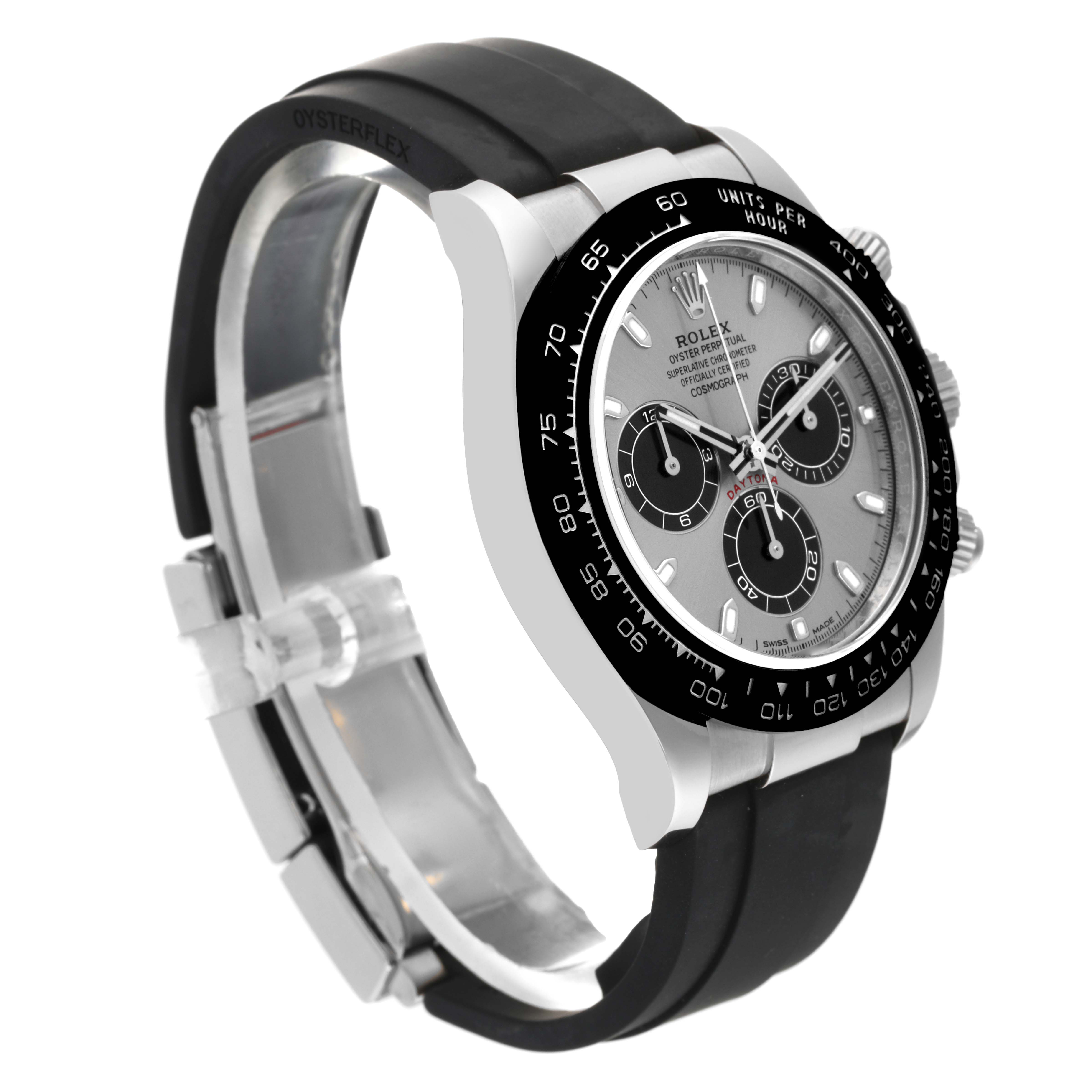 This image shows a side angle of the Rolex Daytona 116519LN Men's White Gold Silver Dial 116519LN Men's White Gold Silver Dial watch, featuring its bezel, dial, pushers, and Oysterflex strap.