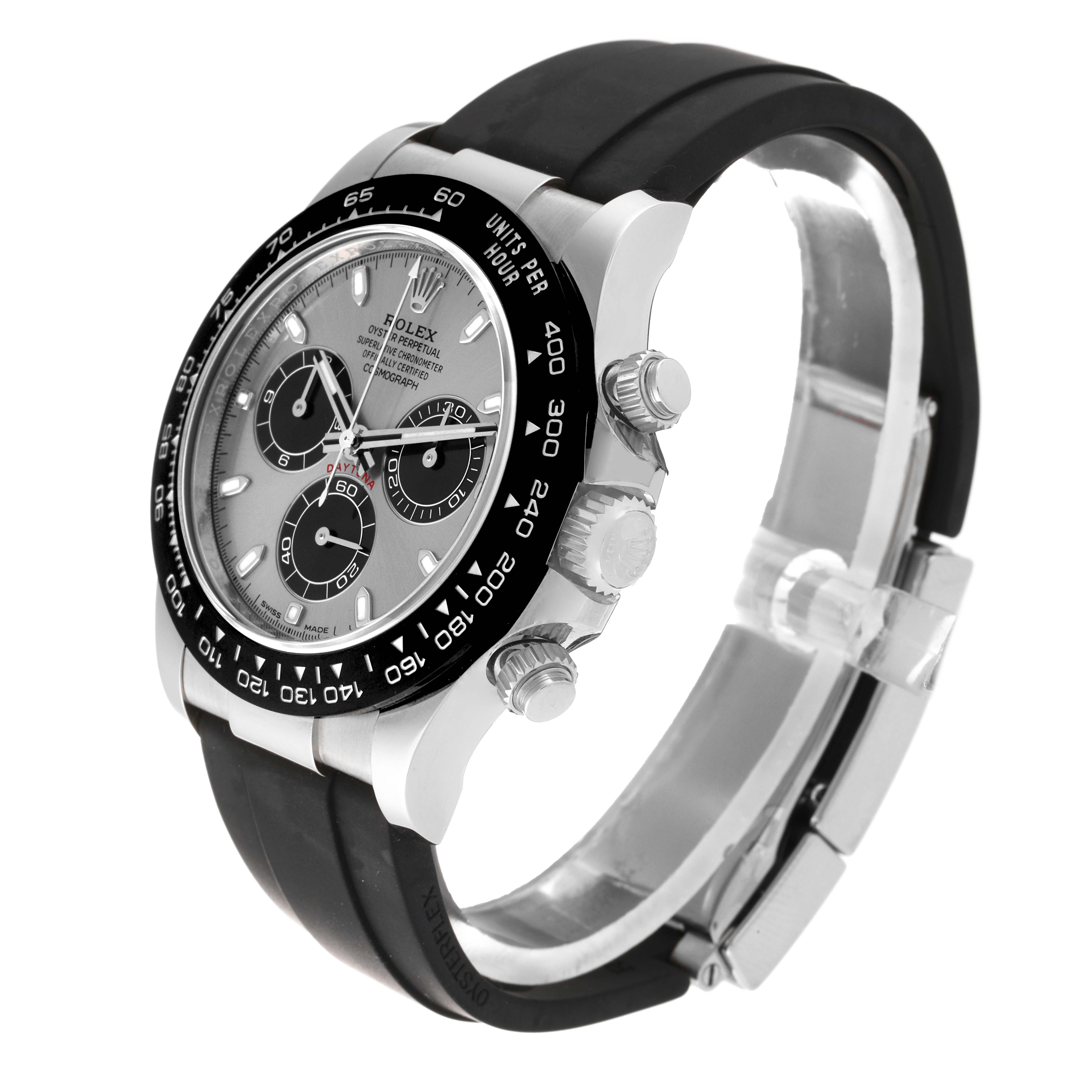 This image shows a Rolex Daytona 116519LN Men's White Gold Silver Dial 116519LN Men's White Gold Silver Dial watch at a three-quarter angle, highlighting the dial, bezel, pushers, and strap.