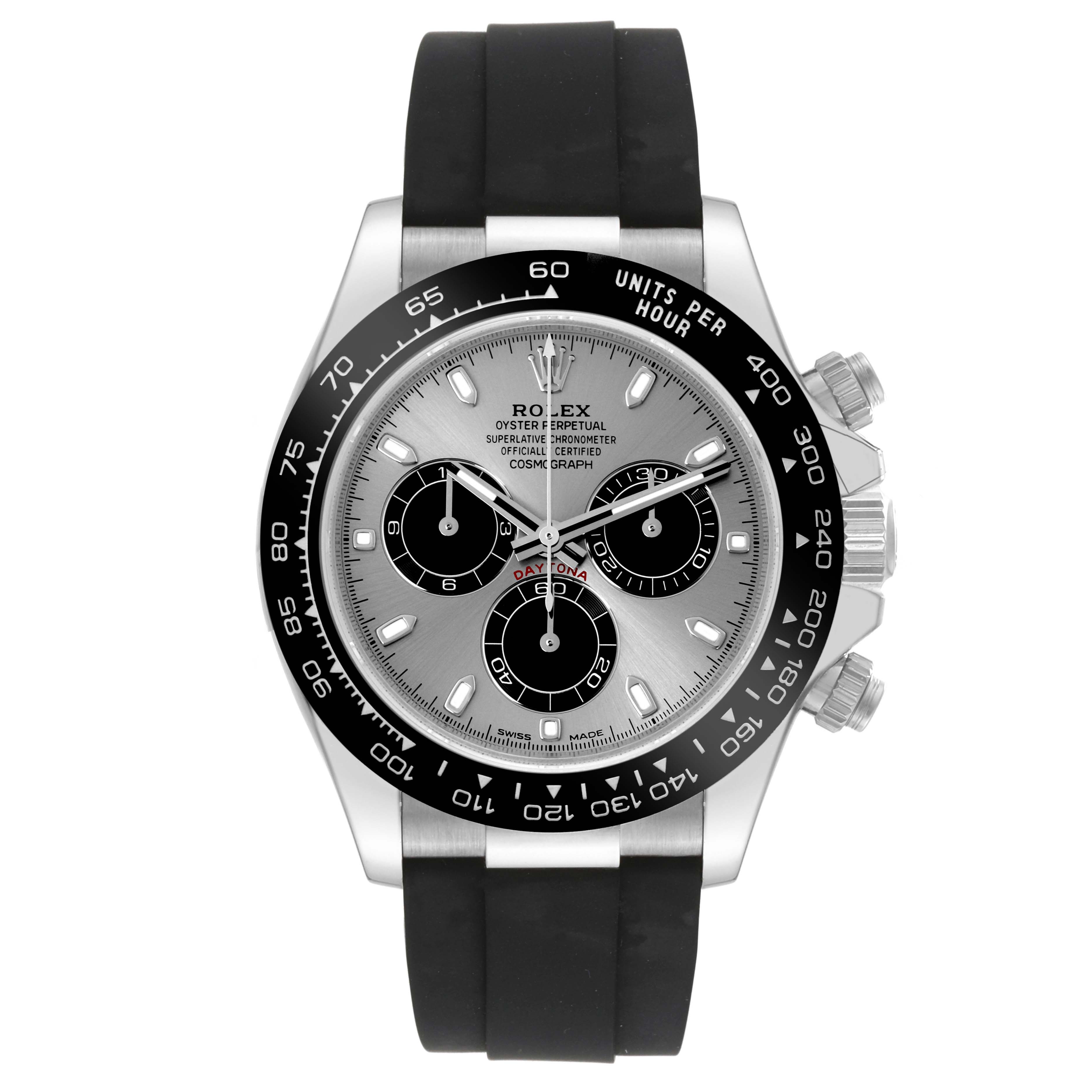 The Rolex Daytona 116519LN Men's White Gold Silver Dial 116519LN Men's White Gold Silver Dial watch is shown from the front, displaying its dial, bezel, pushers, and black rubber strap.