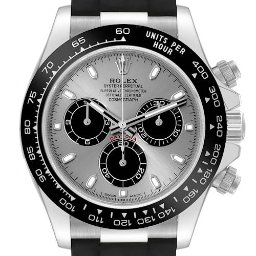 This image shows the front view of a Rolex Daytona watch, highlighting the face, bezel, dial, and pushers.