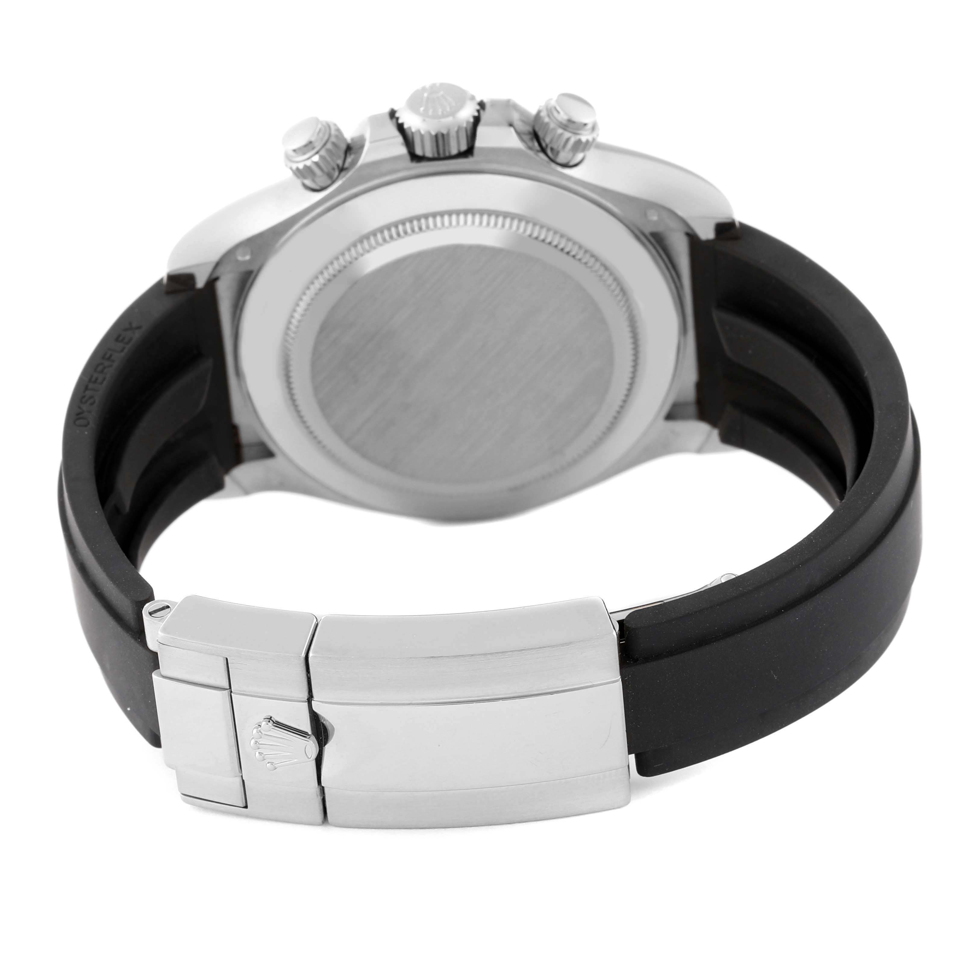 This image shows the back of a Rolex Daytona 116519LN Men's White Gold Silver Dial 116519LN Men's White Gold Silver Dial with the clasp and part of the rubber strap visible.