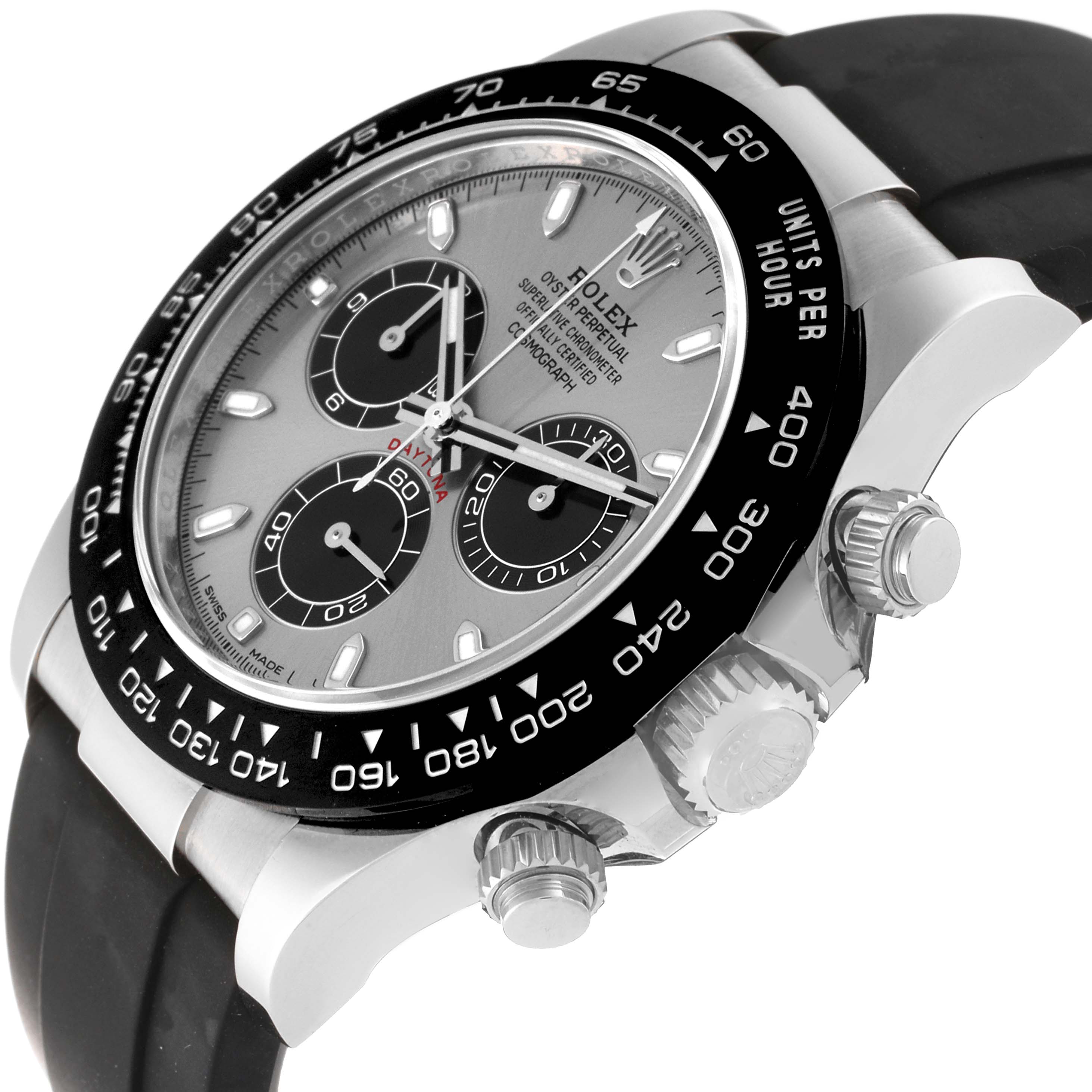 The image shows a side-angle view of the Rolex Daytona 116519LN Men's White Gold Silver Dial 116519LN Men's White Gold Silver Dial watch, focusing on the dial, bezel, and pushers.