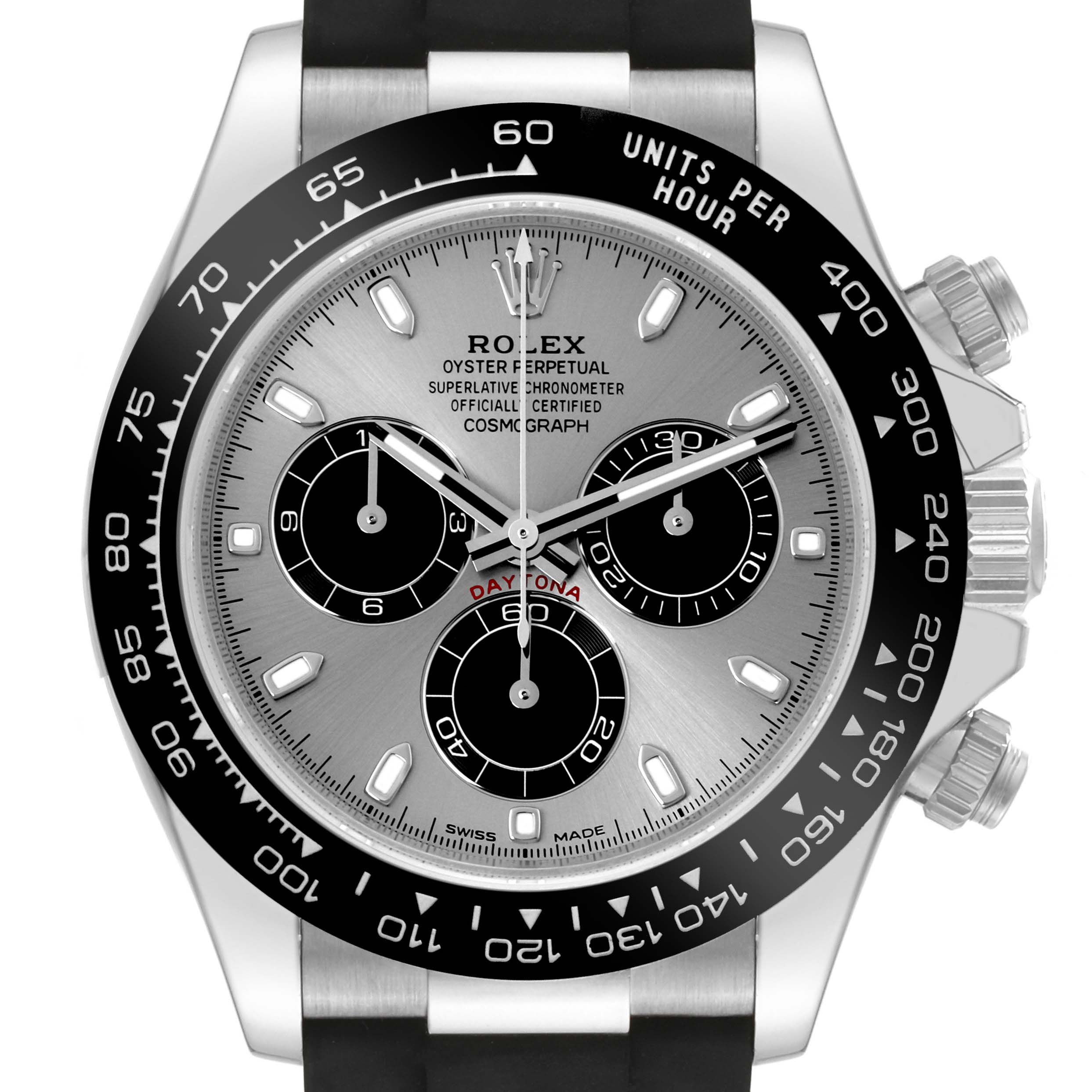 The image shows a frontal view of a Rolex Daytona 116519LN Men's White Gold Silver Dial 116519LN Men's White Gold Silver Dial watch, highlighting its face, bezel, subdials, and pushers.