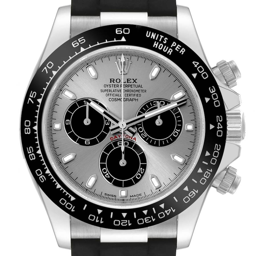 The image shows a frontal view of a Rolex Daytona watch, highlighting its face, bezel, subdials, and pushers.