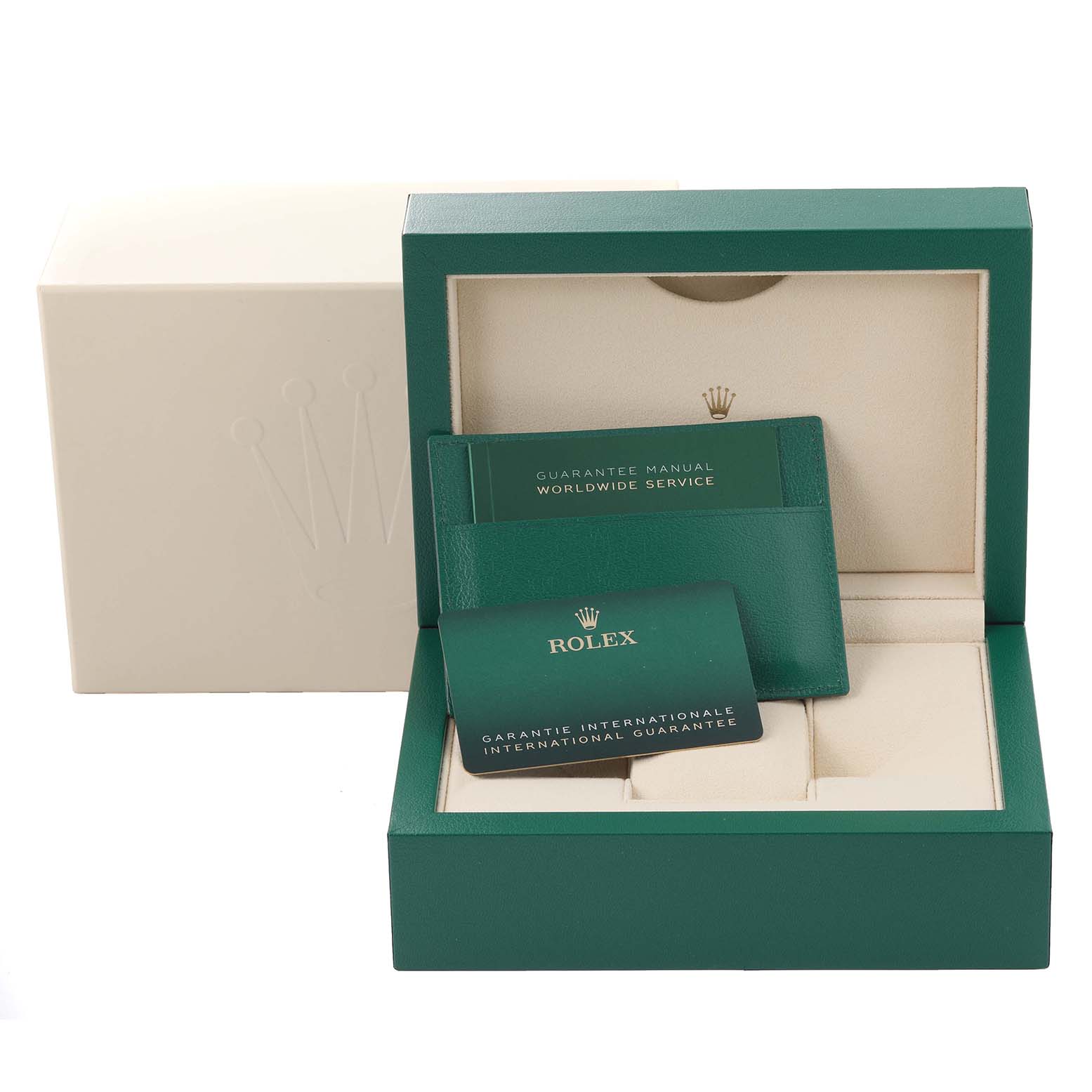 The image shows the box and documentation for a Rolex Daytona 116519LN Men's White Gold Silver Dial 116519LN Men's White Gold Silver Dial watch, including the guarantee manual and international warranty card.