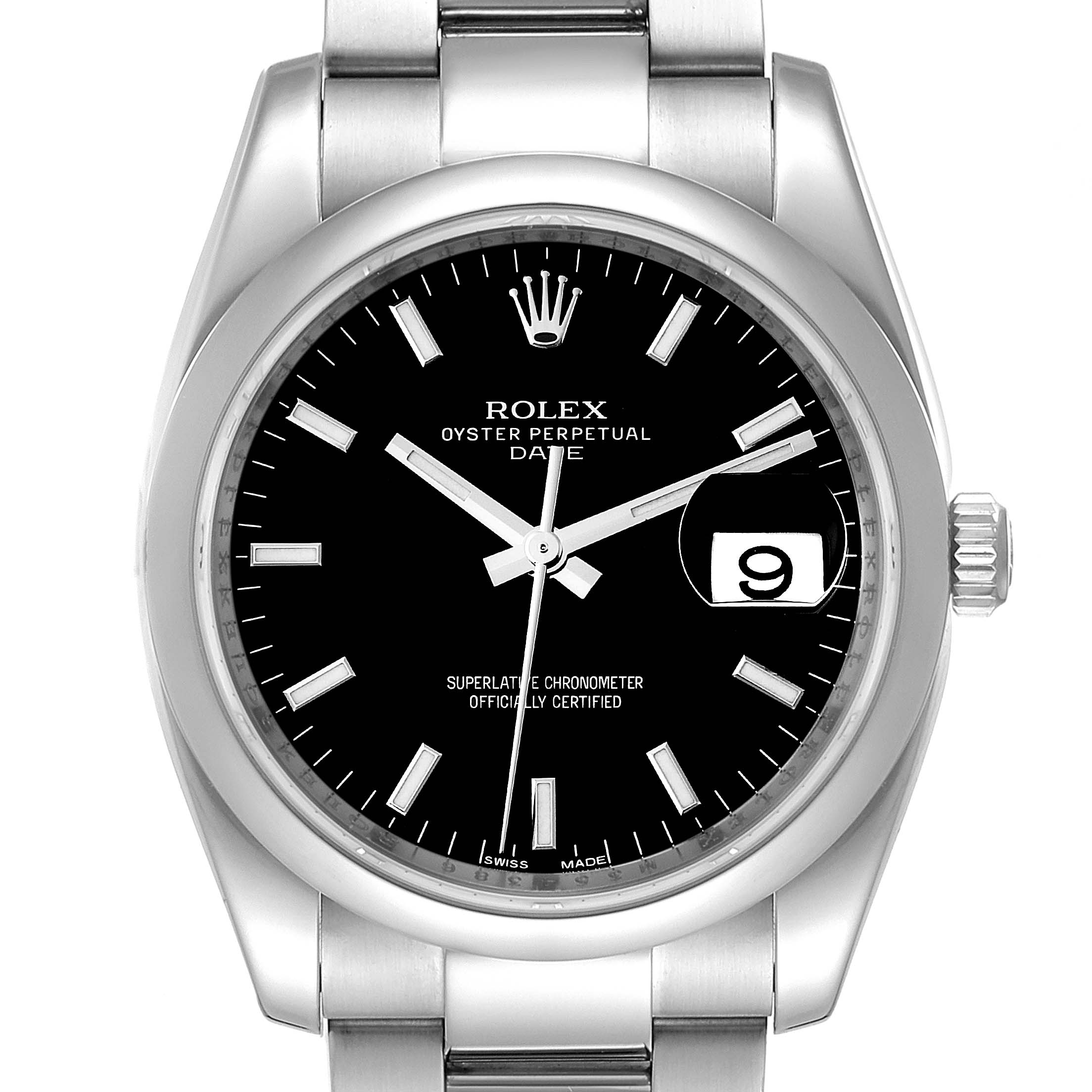 The image shows a close-up of the Rolex Date 115200 Men's Stainless Steel Black Dial 115200 Men's Stainless Steel Black Dial model displaying its black dial, date window, and part of the metal bracelet.