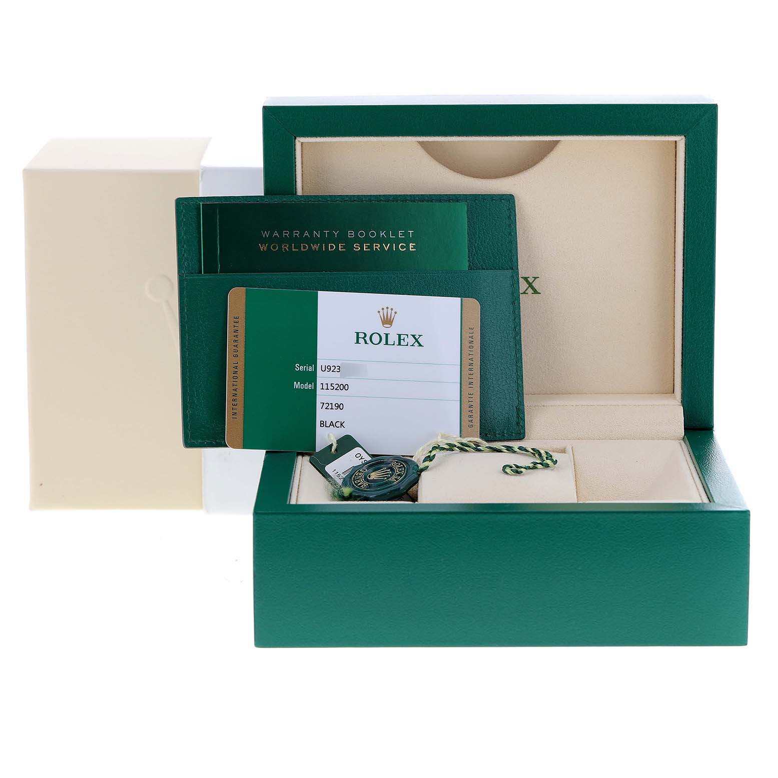This image shows the box, warranty booklet, and tags of a Rolex Date 115200 Men's Stainless Steel Black Dial 115200 Men's Stainless Steel Black Dial model watch.