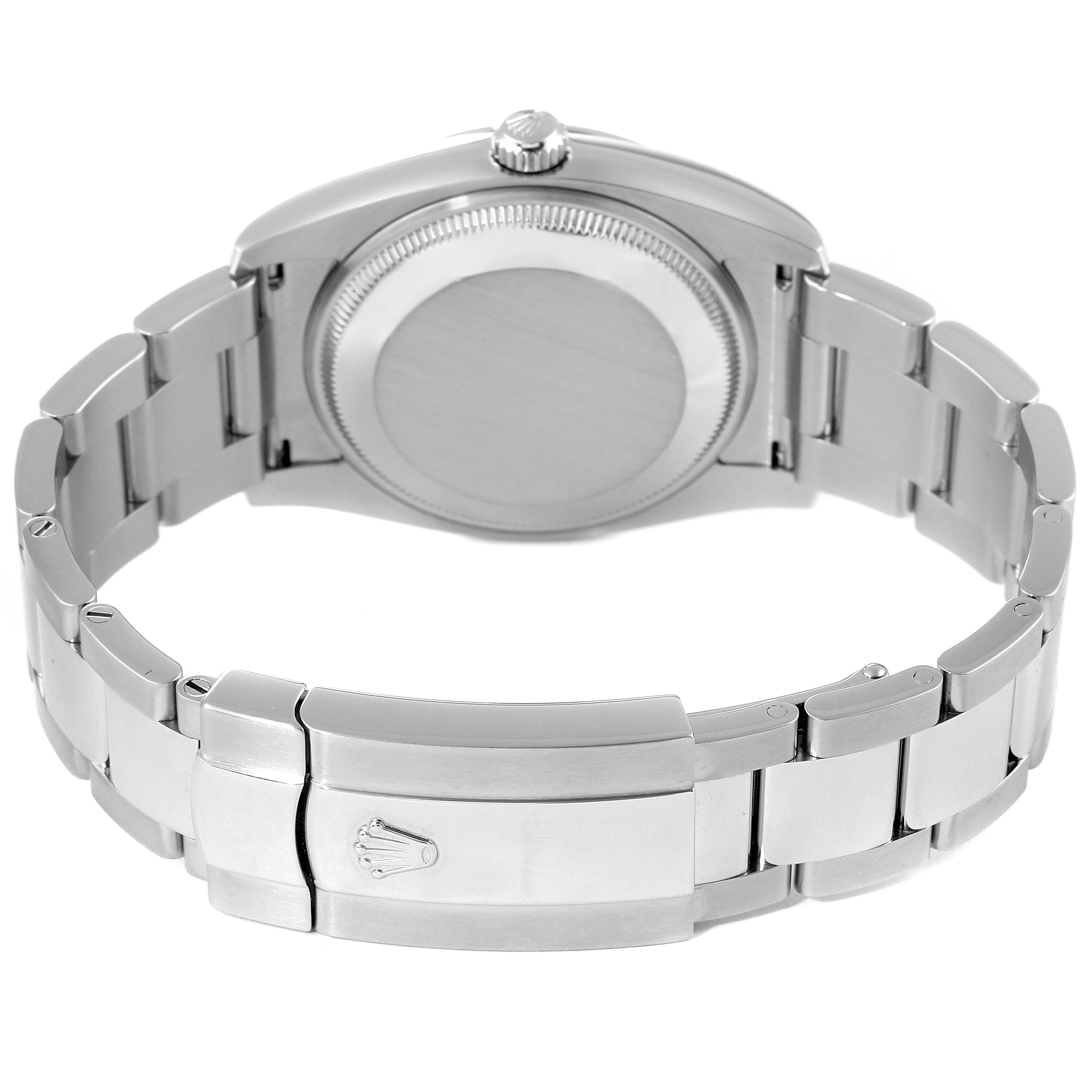 This image shows the back case and closed clasp of the Rolex Date 115200 Men's Stainless Steel Black Dial 115200 Men's Stainless Steel Black Dial model watch, with a focus on the bracelet and crown.