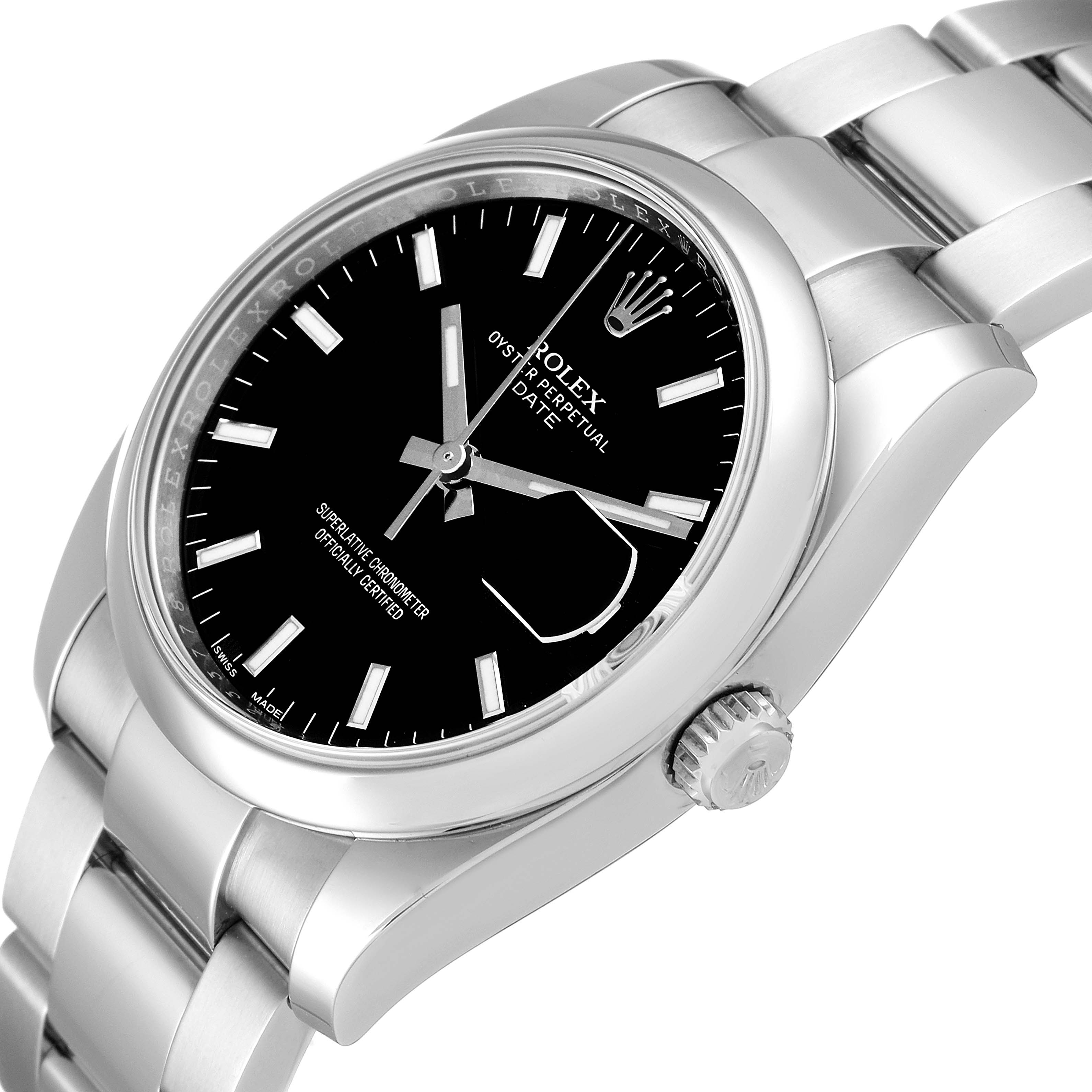 The image shows a close-up angle of a Rolex Date 115200 Men's Stainless Steel Black Dial 115200 Men's Stainless Steel Black Dial model watch, highlighting the black dial, bezel, case, crown, and part of the bracelet.