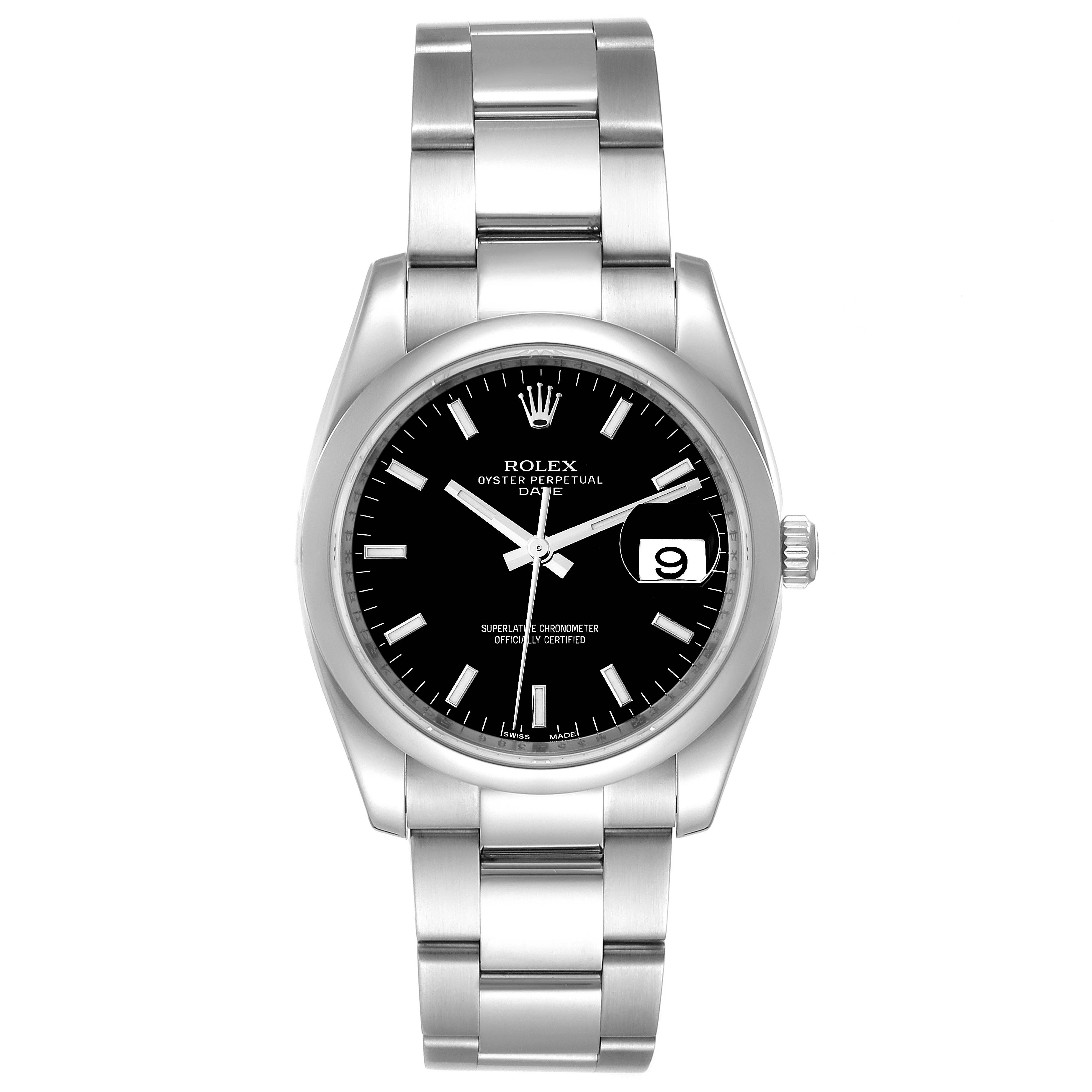 The image shows a front view of a Rolex Date 115200 Men's Stainless Steel Black Dial 115200 Men's Stainless Steel Black Dial model with a black dial and silver stainless steel bracelet.