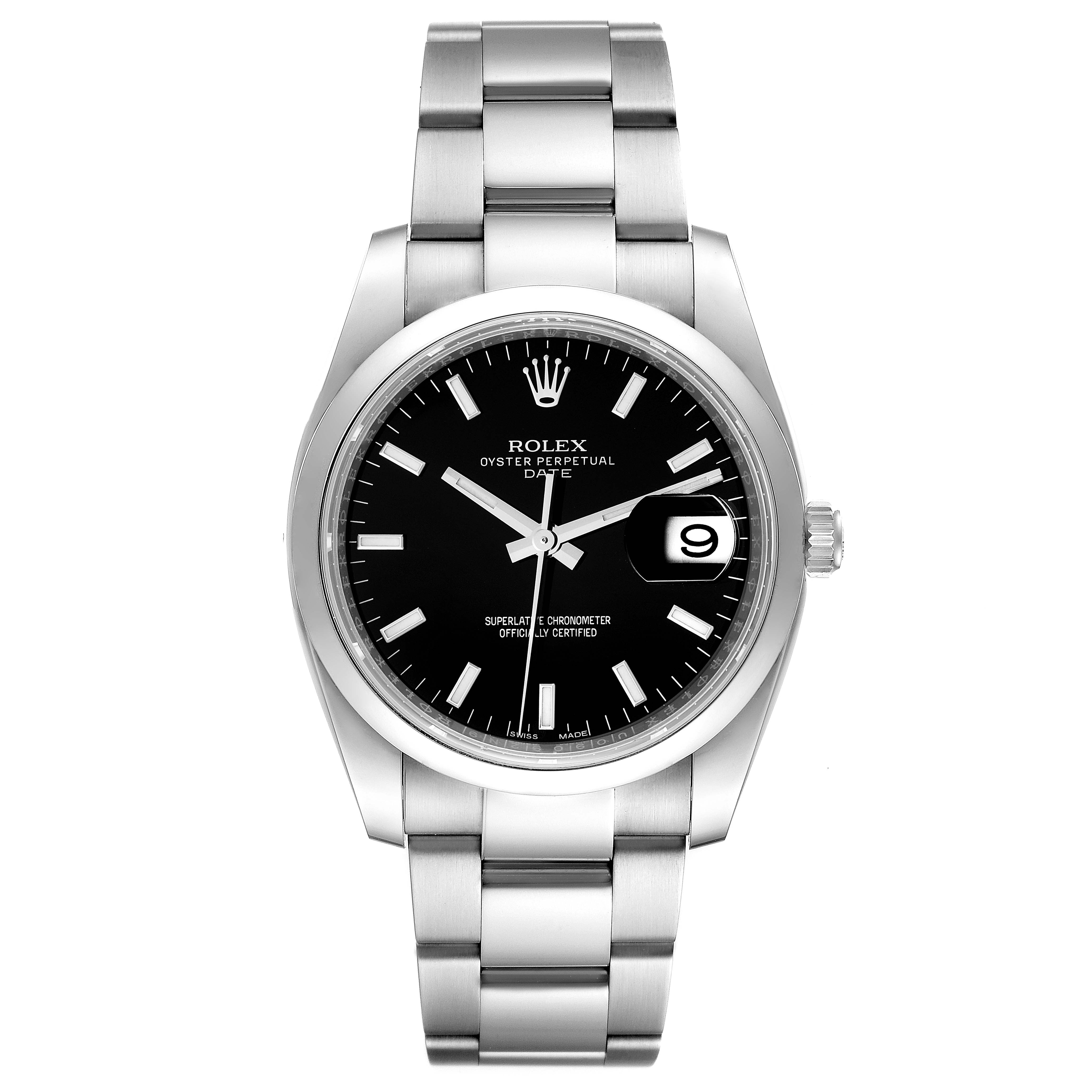 The Rolex Date 115200 Men's Stainless Steel Black Dial 115200 Men's Stainless Steel Black Dial watch is shown from the front, displaying its black dial, date window, and stainless steel bracelet.