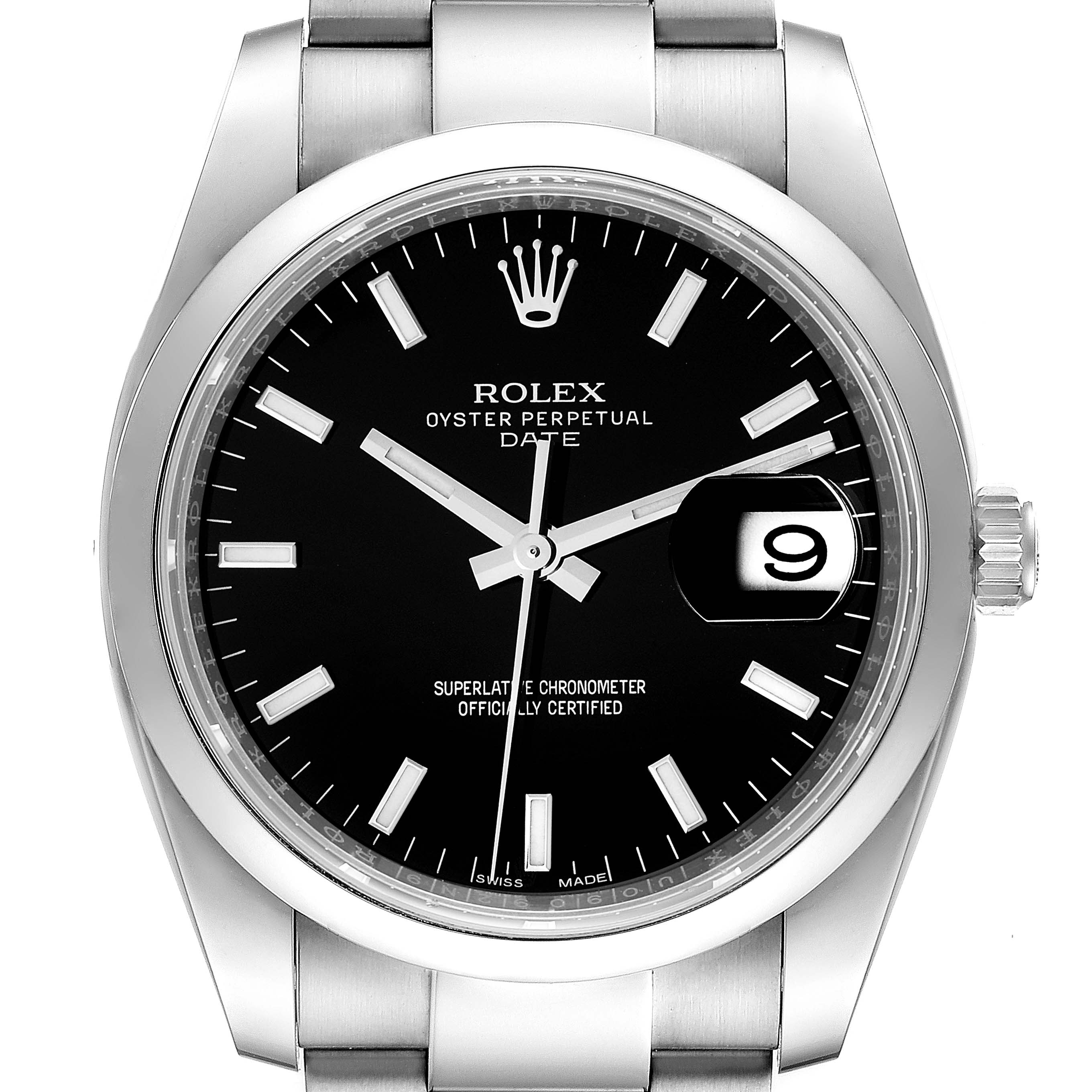 This image shows a frontal view of the dial on a Rolex Oyster Perpetual Date model watch.