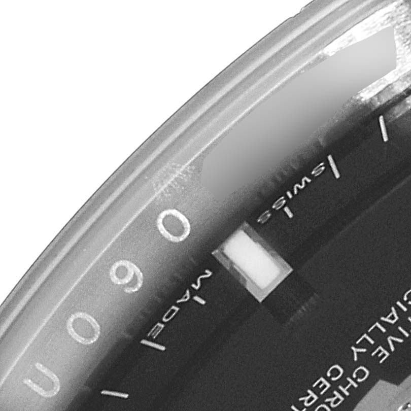 This image shows a close-up view of the dial and date window of a Rolex Date 115200 Men's Stainless Steel Black Dial 115200 Men's Stainless Steel Black Dial model watch.