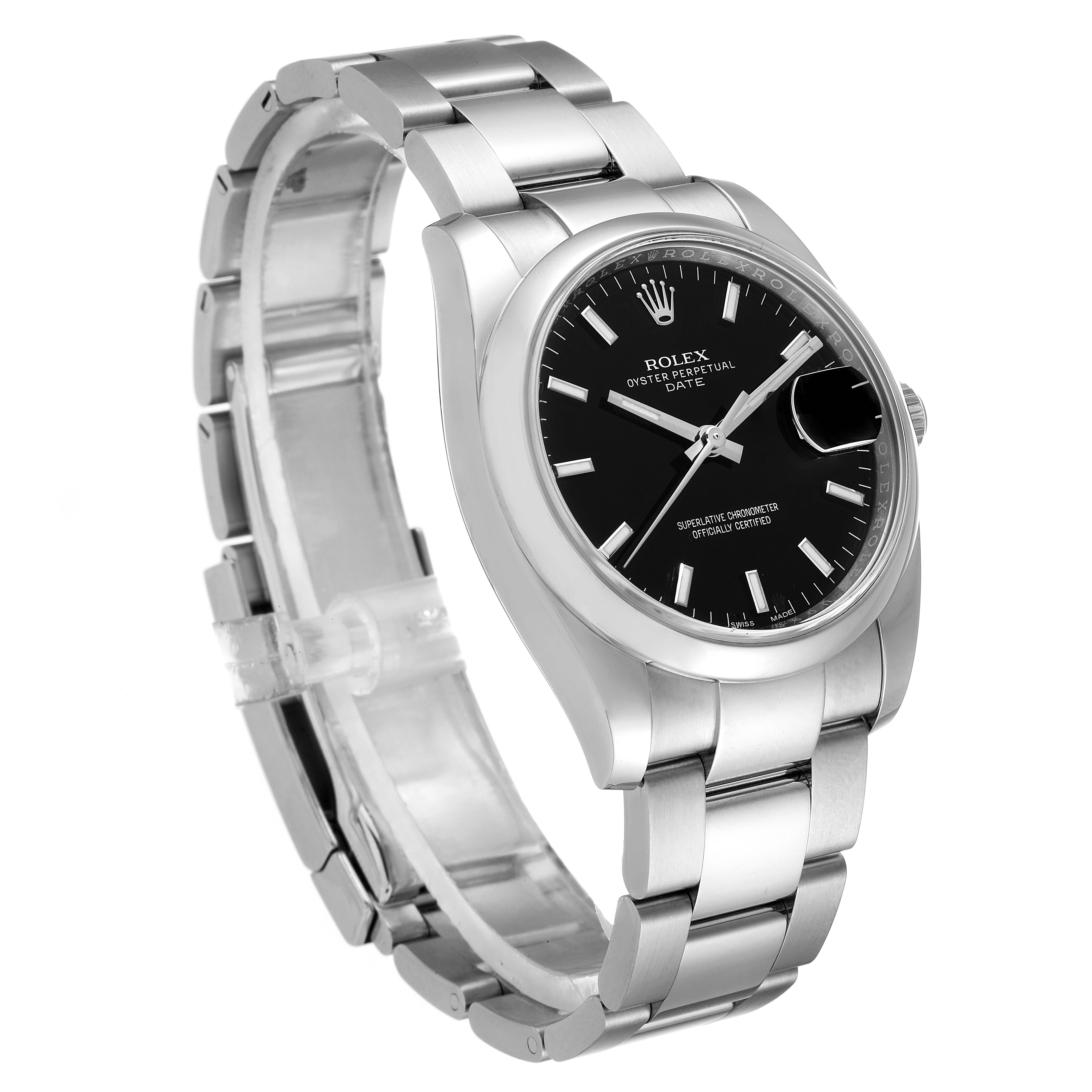 The image shows a side angle of the Rolex Date 115200 Men's Stainless Steel Black Dial 115200 Men's Stainless Steel Black Dial model, highlighting its black dial, silver bracelet, and oyster casing.