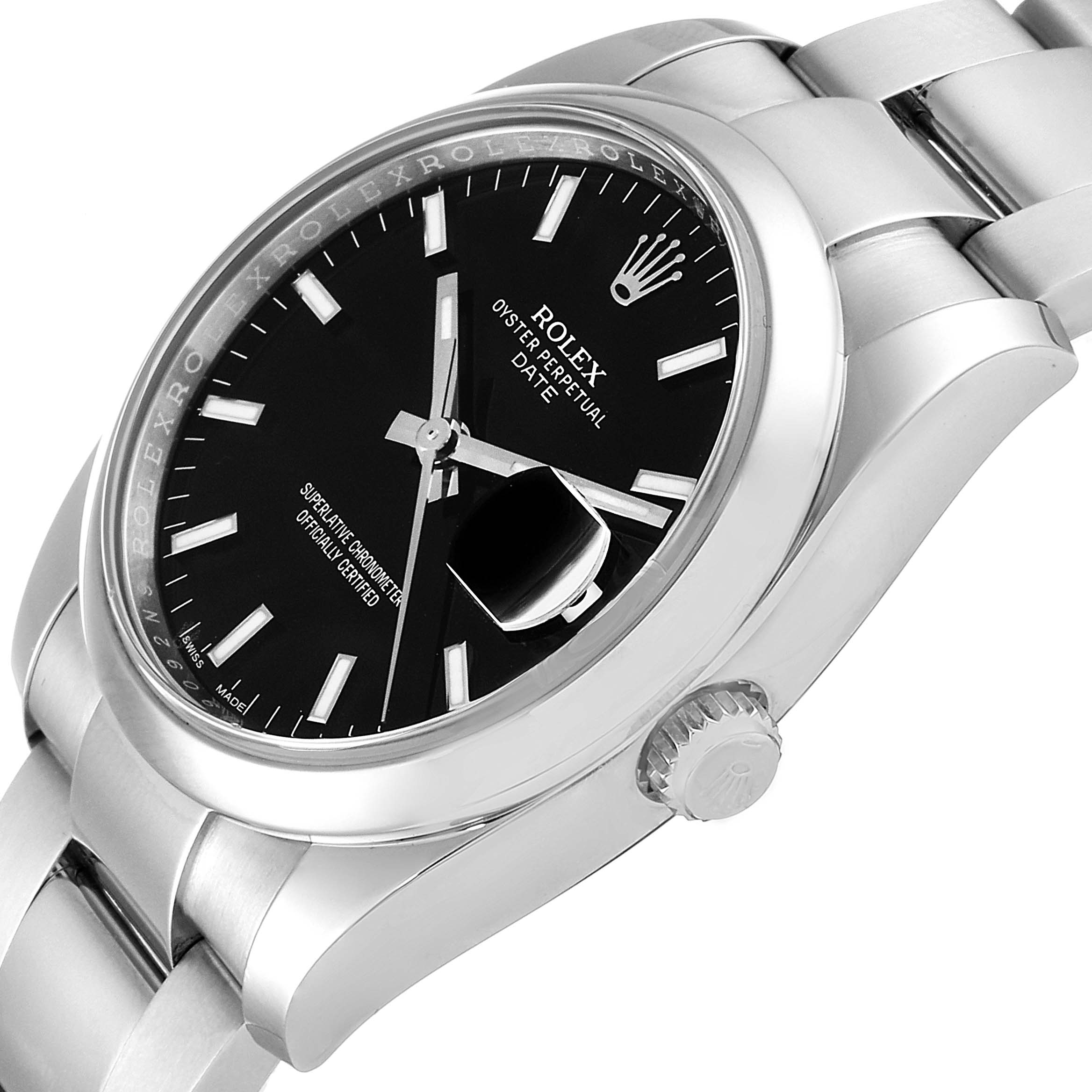 The image shows a side-angle view of a Rolex Date 115200 Men's Stainless Steel Black Dial 115200 Men's Stainless Steel Black Dial model watch, highlighting the black dial, crown, and a part of the bracelet.