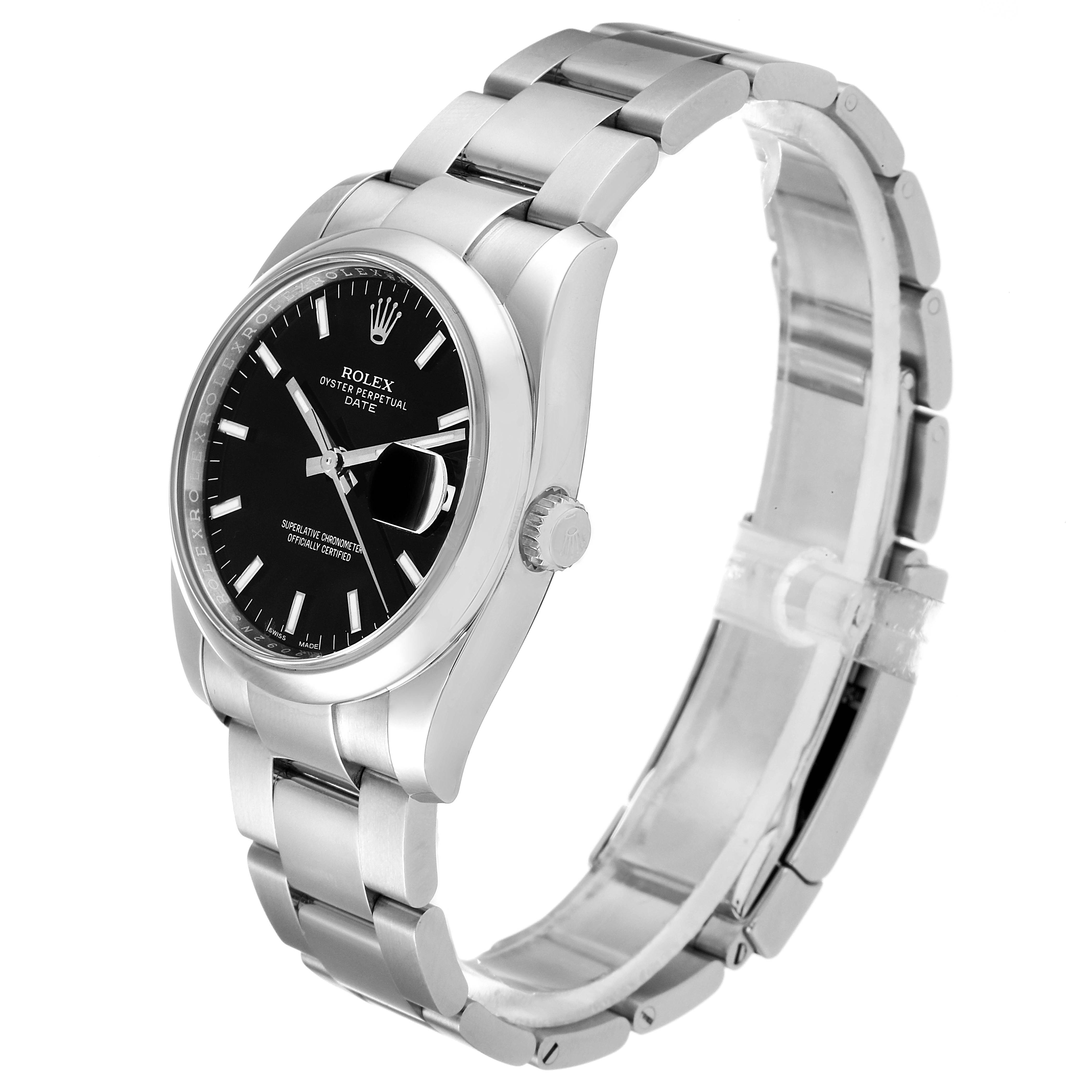 This image shows a Rolex Date 115200 Men's Stainless Steel Black Dial 115200 Men's Stainless Steel Black Dial model watch from a three-quarter angle, highlighting the face, bezel, case, crown, and bracelet.