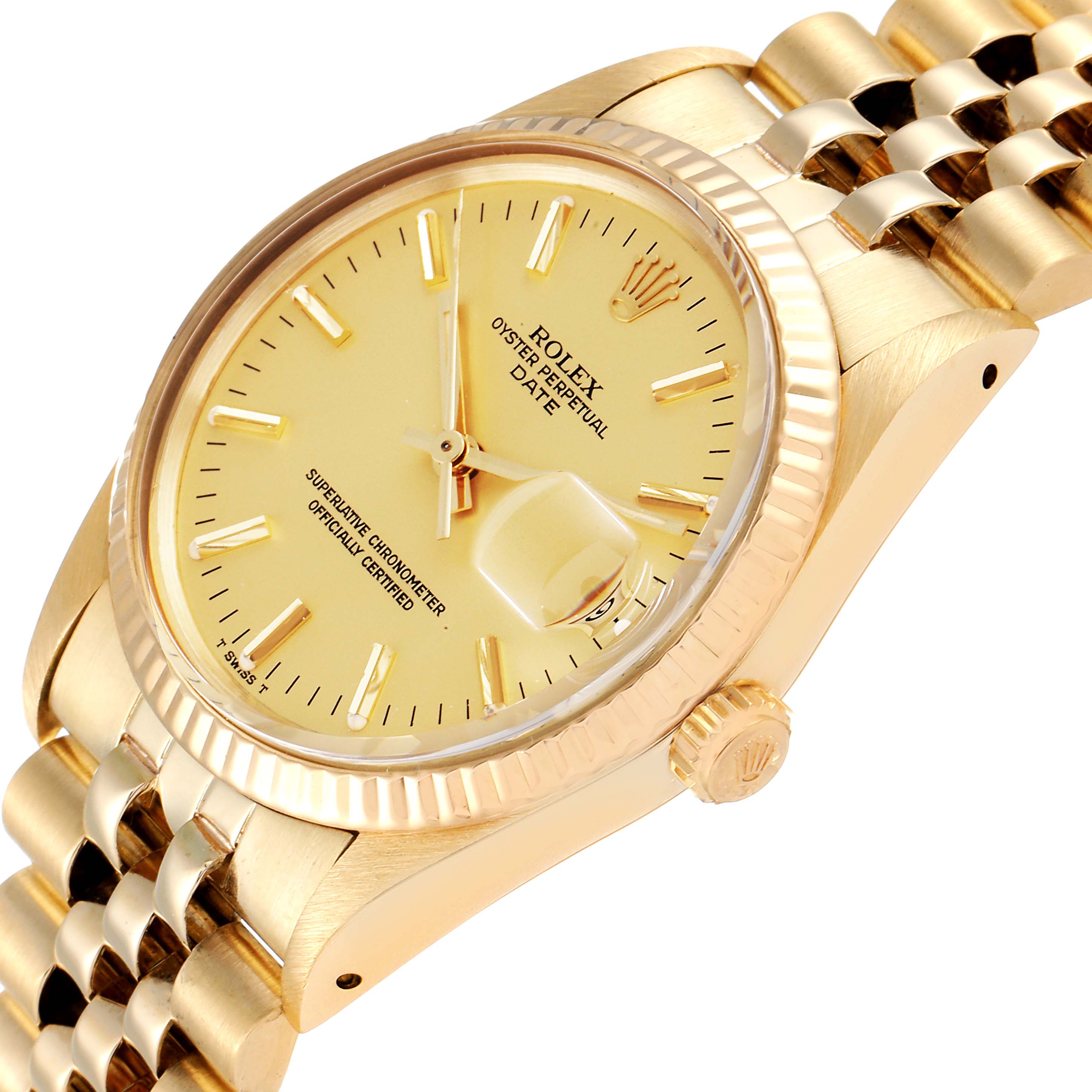 The image shows a close-up of the Rolex Vintage Collection 15007 Men's Yellow Gold Champagne Dial 15007 Men's Yellow Gold Champagne Dial Oyster Perpetual Date watch from an angled side view.