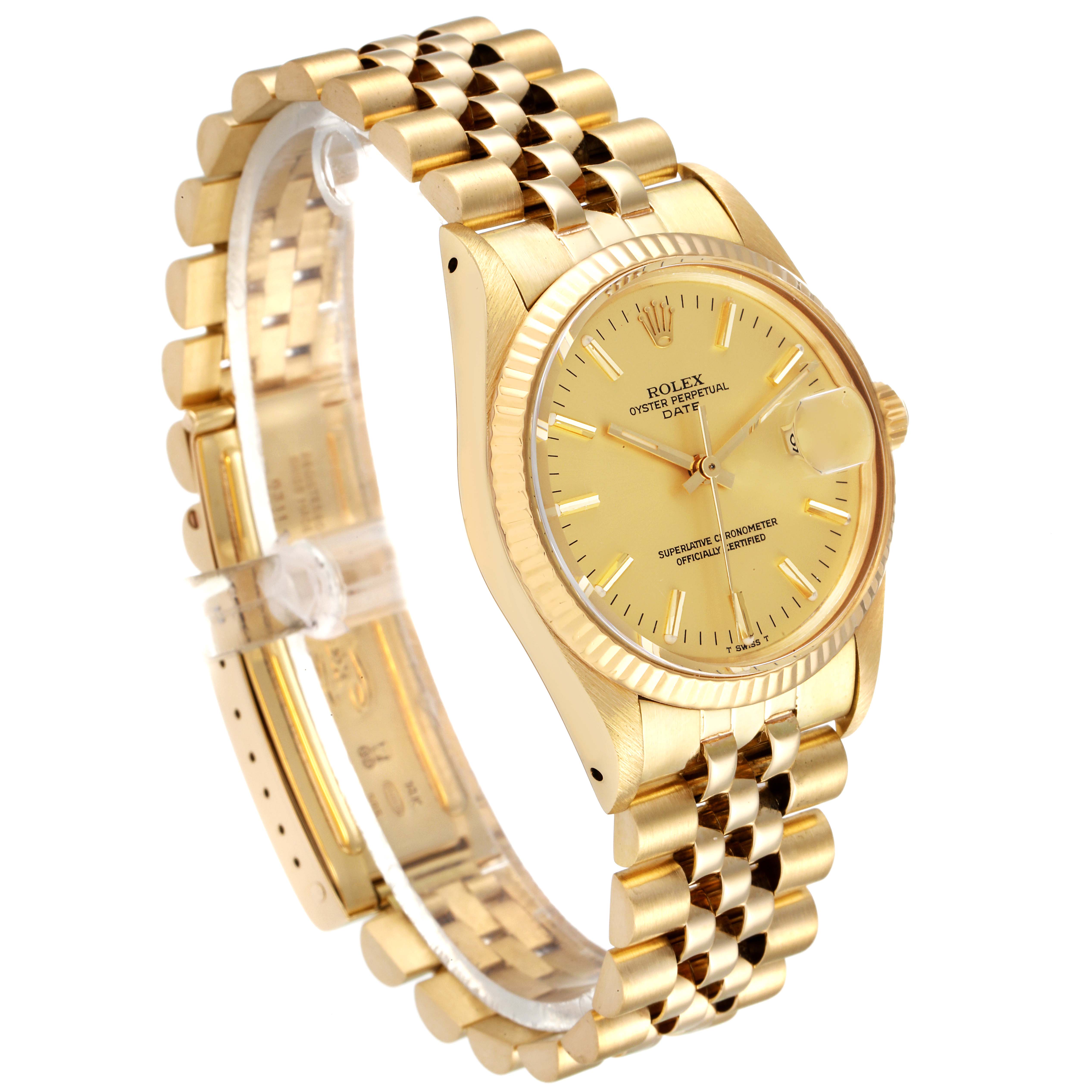 This image shows a Rolex Vintage Collection 15007 Men's Yellow Gold Champagne Dial 15007 Men's Yellow Gold Champagne Dial watch angled to display its gold dial, bezel, and bracelet.
