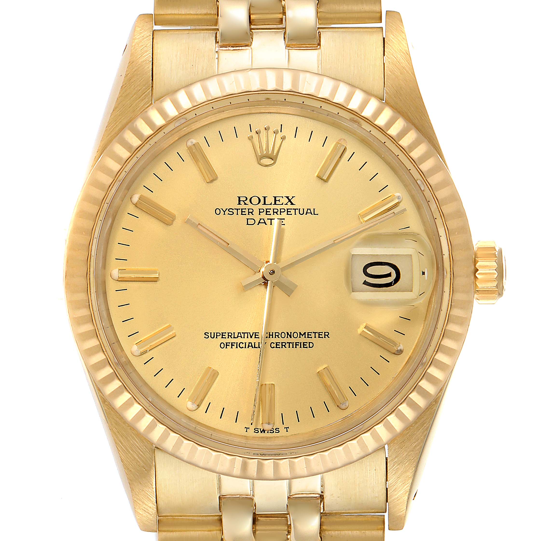 The image shows a close-up view of the face, bezel, crown, and part of the bracelet of a Rolex Vintage Collection 15007 Men's Yellow Gold Champagne Dial 15007 Men's Yellow Gold Champagne Dial Oyster Perpetual Date watch.