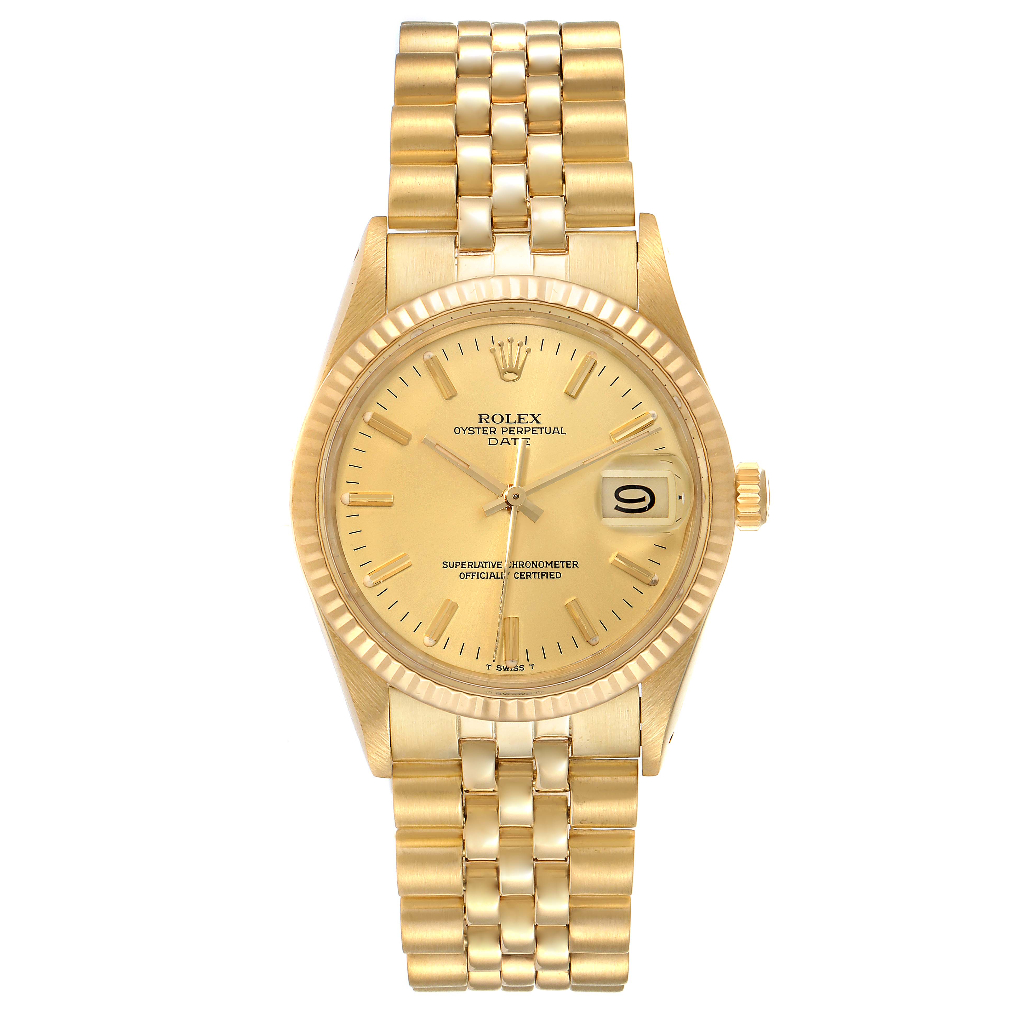 The Rolex Vintage Collection 15007 Men's Yellow Gold Champagne Dial 15007 Men's Yellow Gold Champagne Dial model is shown from a straight-on angle, displaying the watch face, bezel, crown, and bracelet.
