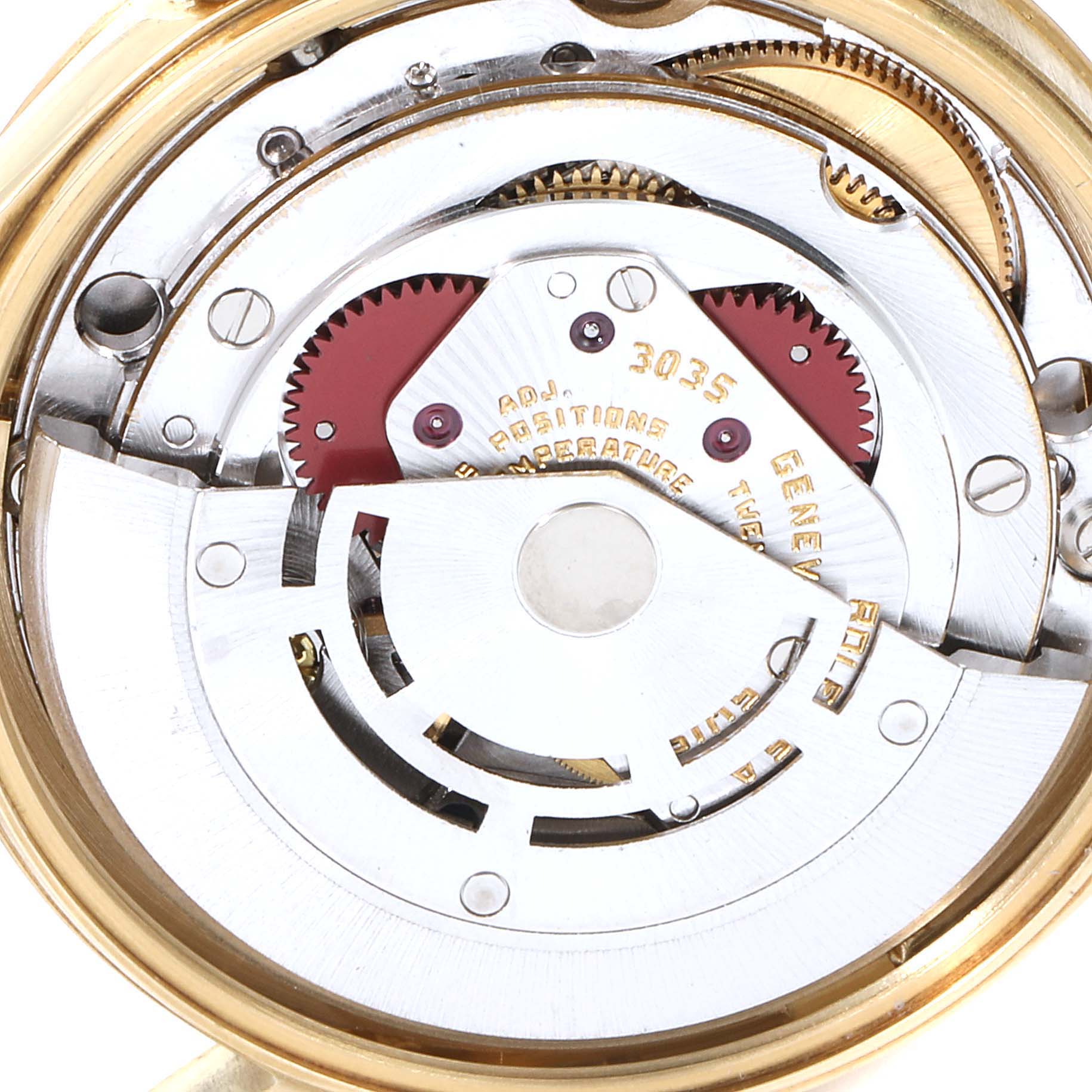 This image shows the internal movement mechanism of a Rolex Vintage Collection 15007 Men's Yellow Gold Champagne Dial 15007 Men's Yellow Gold Champagne Dial model watch at a close-up angle.