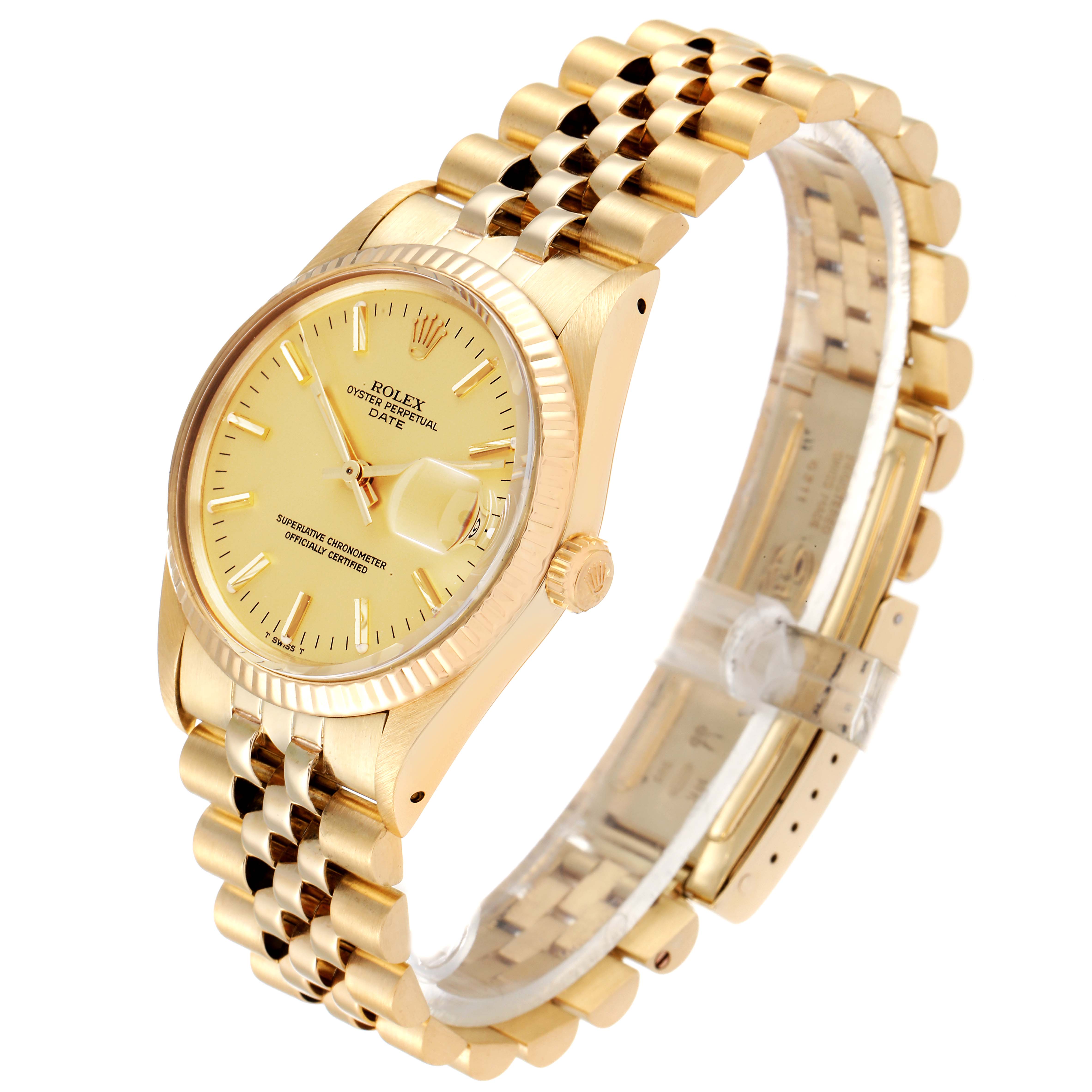 The Rolex Vintage Collection 15007 Men's Yellow Gold Champagne Dial 15007 Men's Yellow Gold Champagne Dial model is shown at an angle highlighting its gold face, bracelet, and clasp.