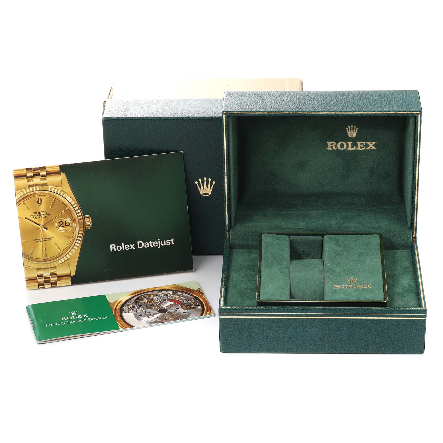 The image shows a Rolex Vintage Collection 15007 Men's Yellow Gold Champagne Dial 15007 Men's Yellow Gold Champagne Dial watch box, booklet, and service booklet.