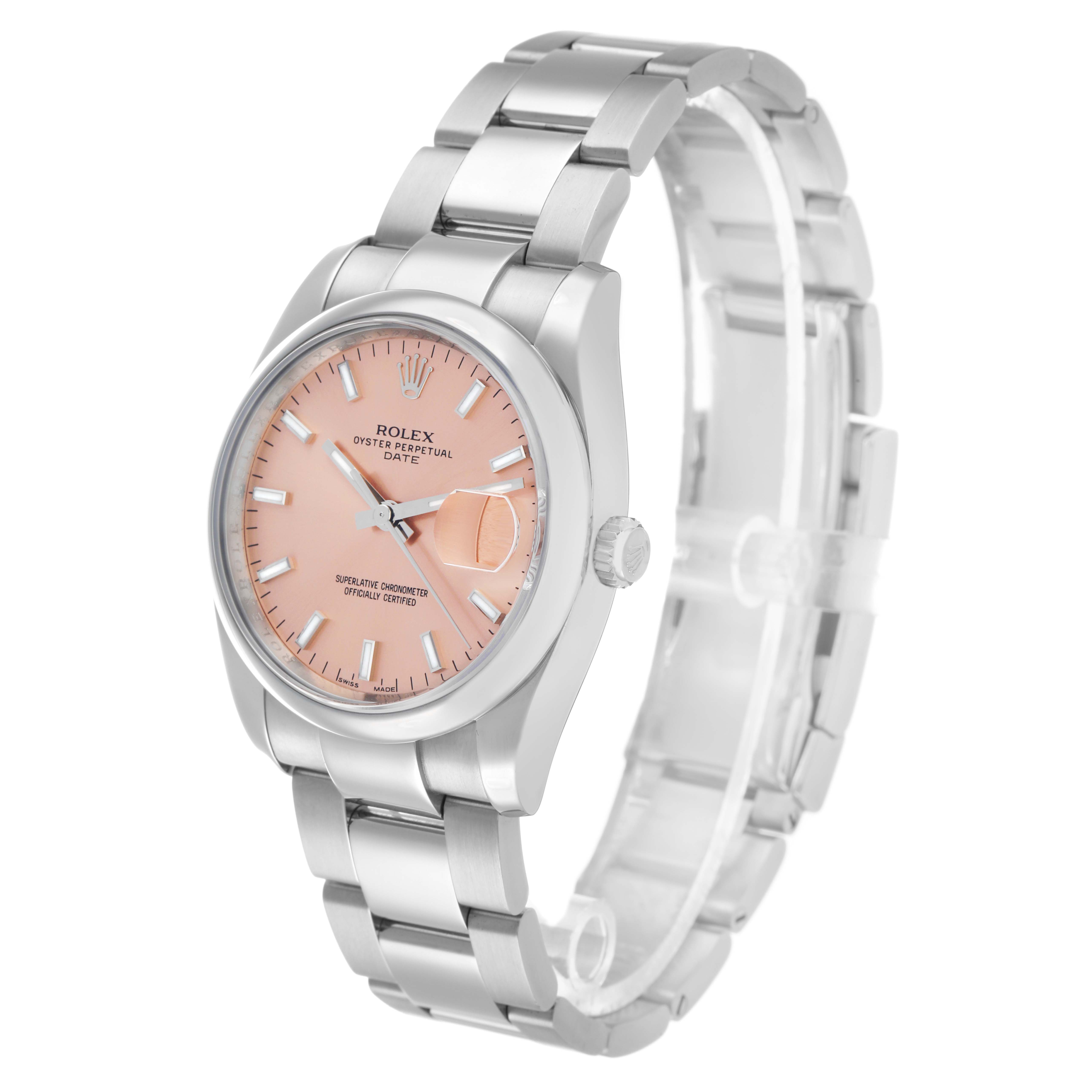 The Rolex Date 115200 Men's Stainless Steel Pink Dial model is shown at a three-quarter angle, displaying the dial, bracelet, and crown.