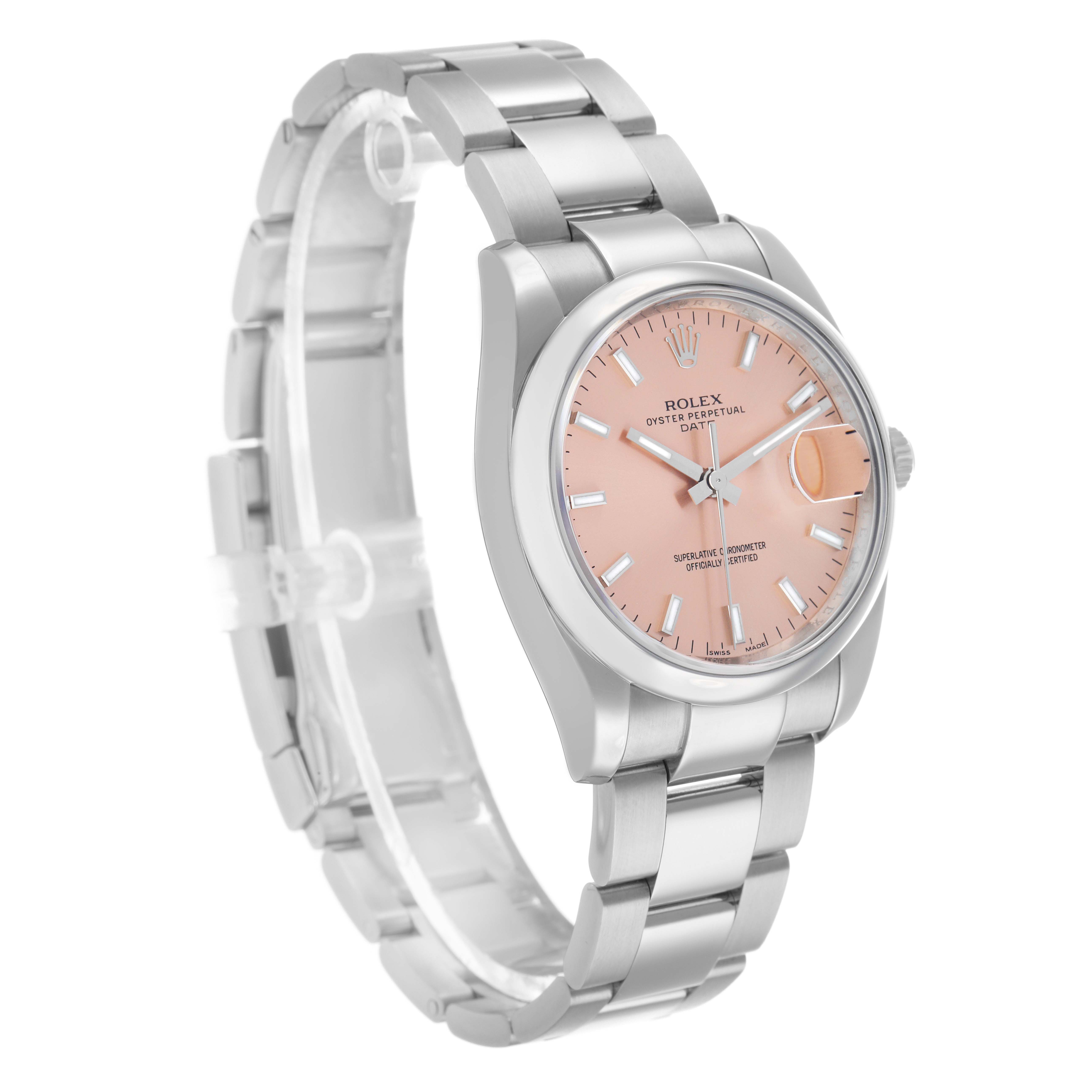 The Rolex Date 115200 Men's Stainless Steel Pink Dial watch is shown at a three-quarter angle, highlighting the dial, bezel, and bracelet.