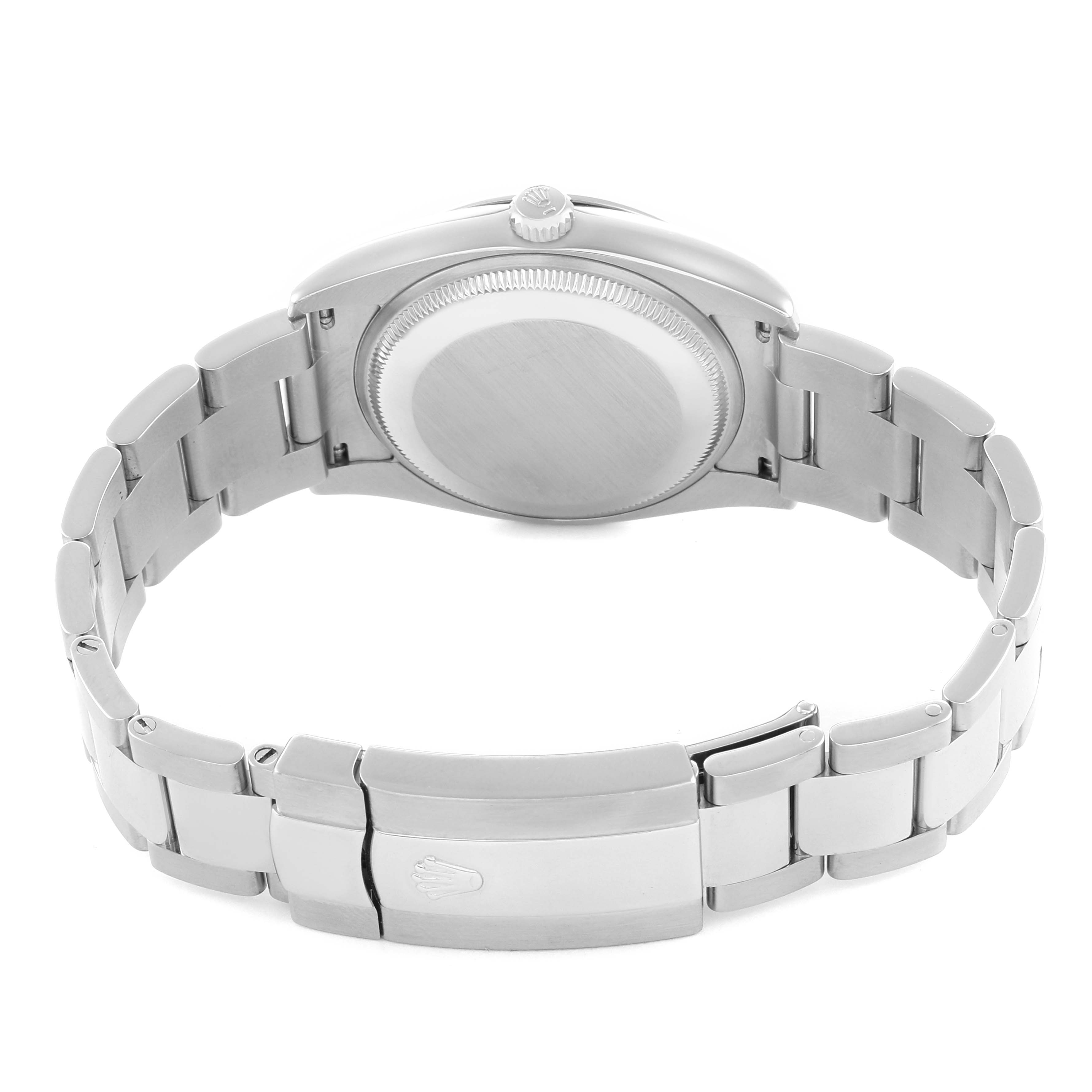 This image shows the back view of a Rolex Date 115200 Men's Stainless Steel Pink Dial model, highlighting the case back, bracelet, and clasp.