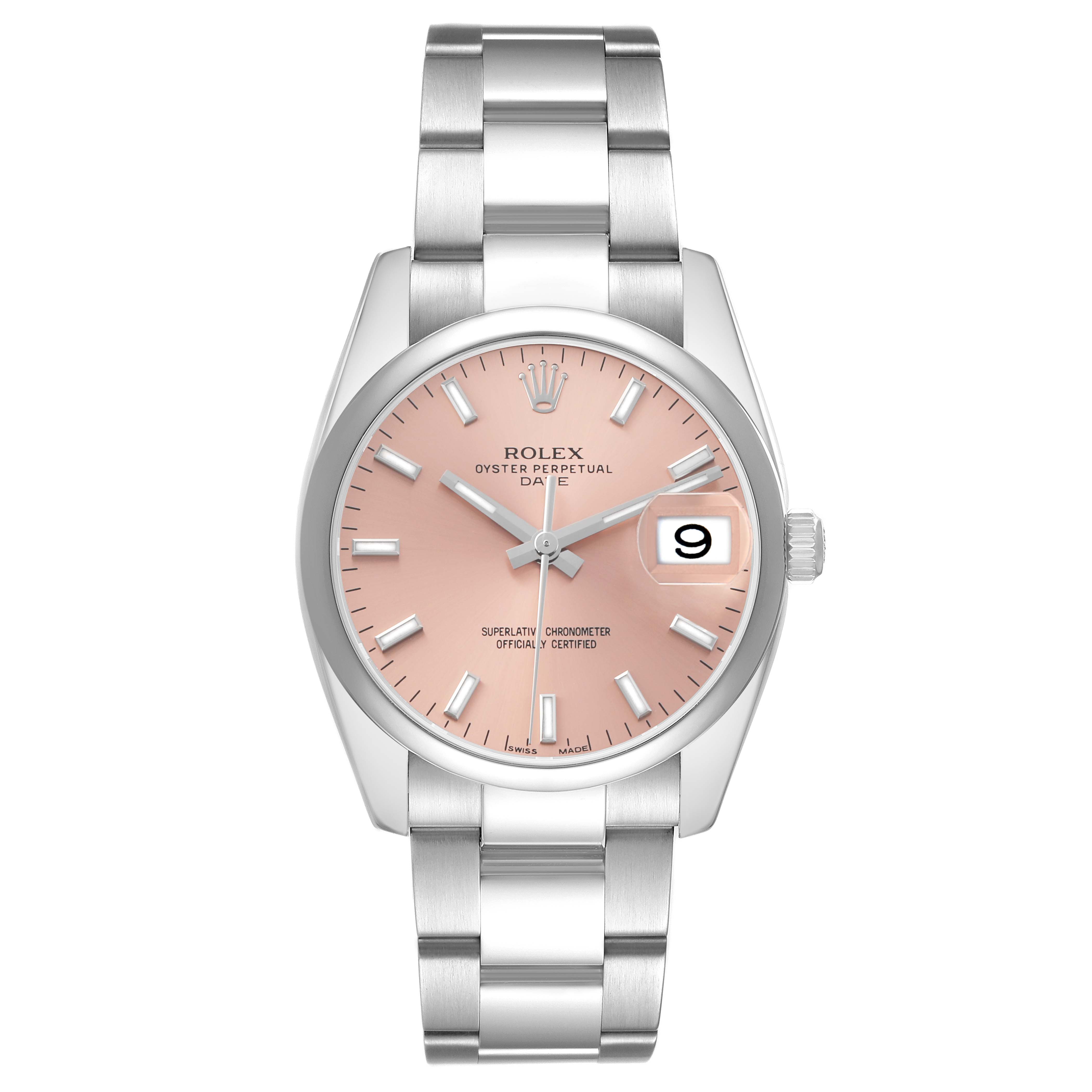 The Rolex Date 115200 Men's Stainless Steel Pink Dial watch is shown from a front angle, displaying the dial, bracelet, hands, and date window.