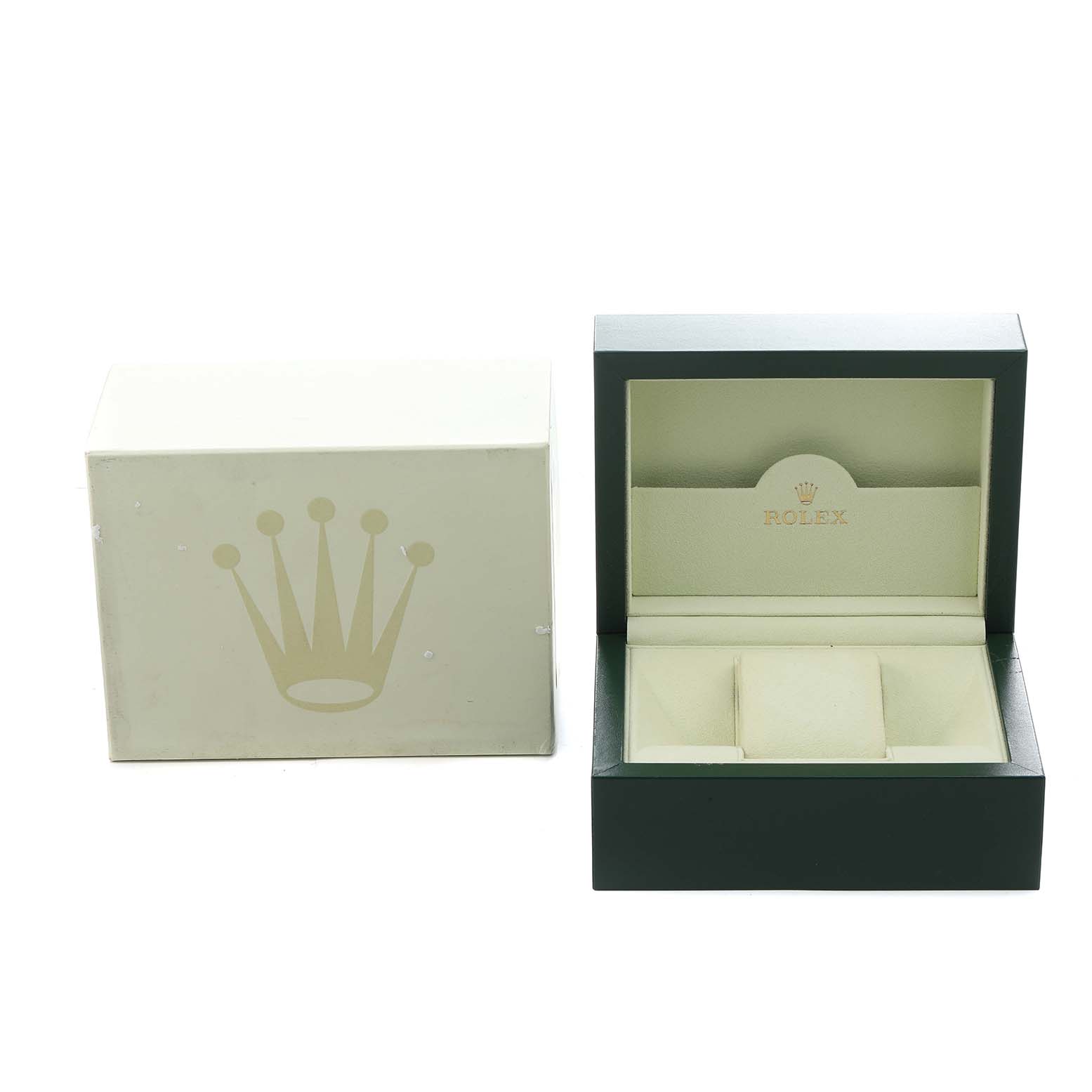 The image shows an open Rolex Date 115200 Men's Stainless Steel Pink Dial watch box and its outer packaging, viewed from the front.