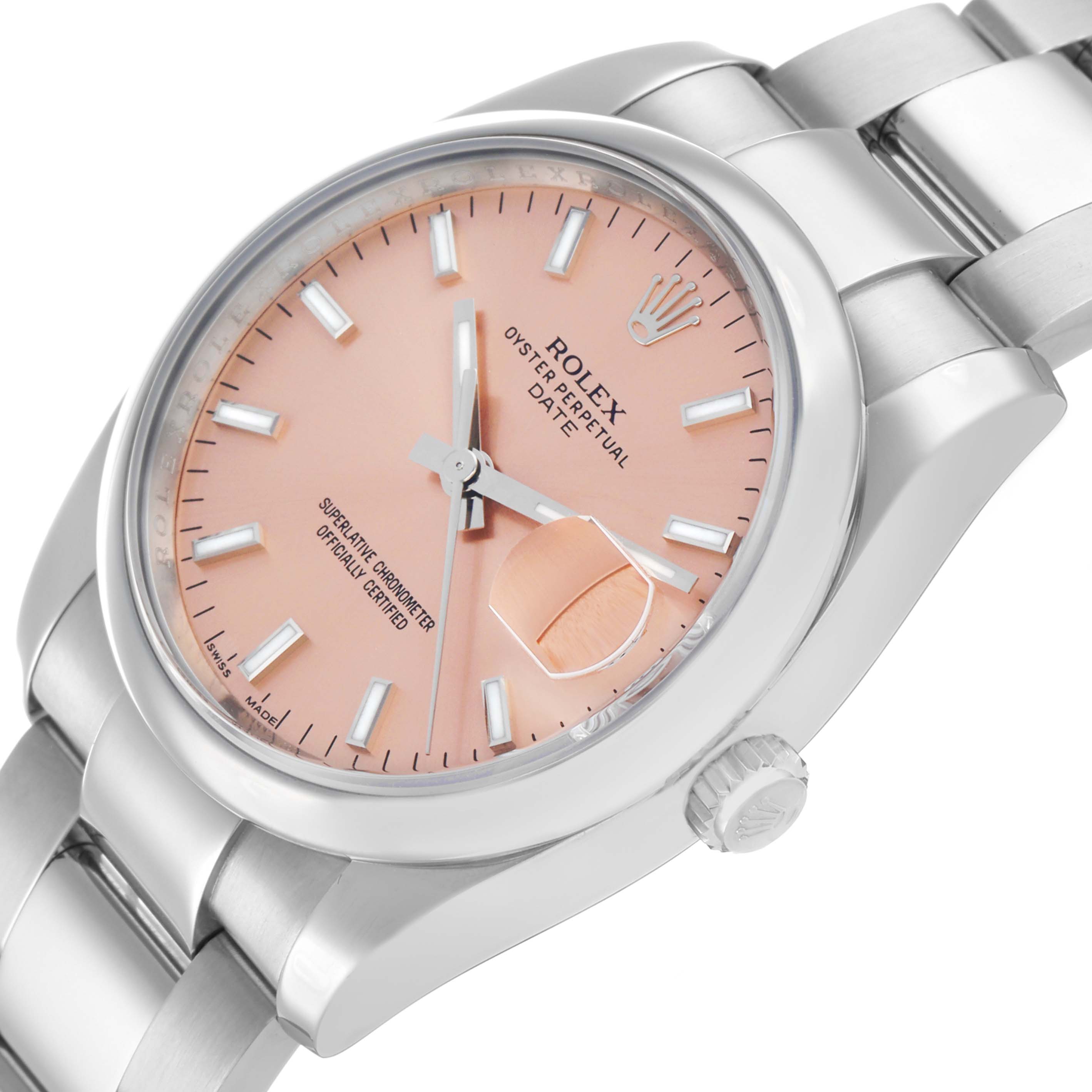 The Rolex Date 115200 Men's Stainless Steel Pink Dial watch is shown at an angled view, highlighting the pink dial, date window, and part of the bracelet.