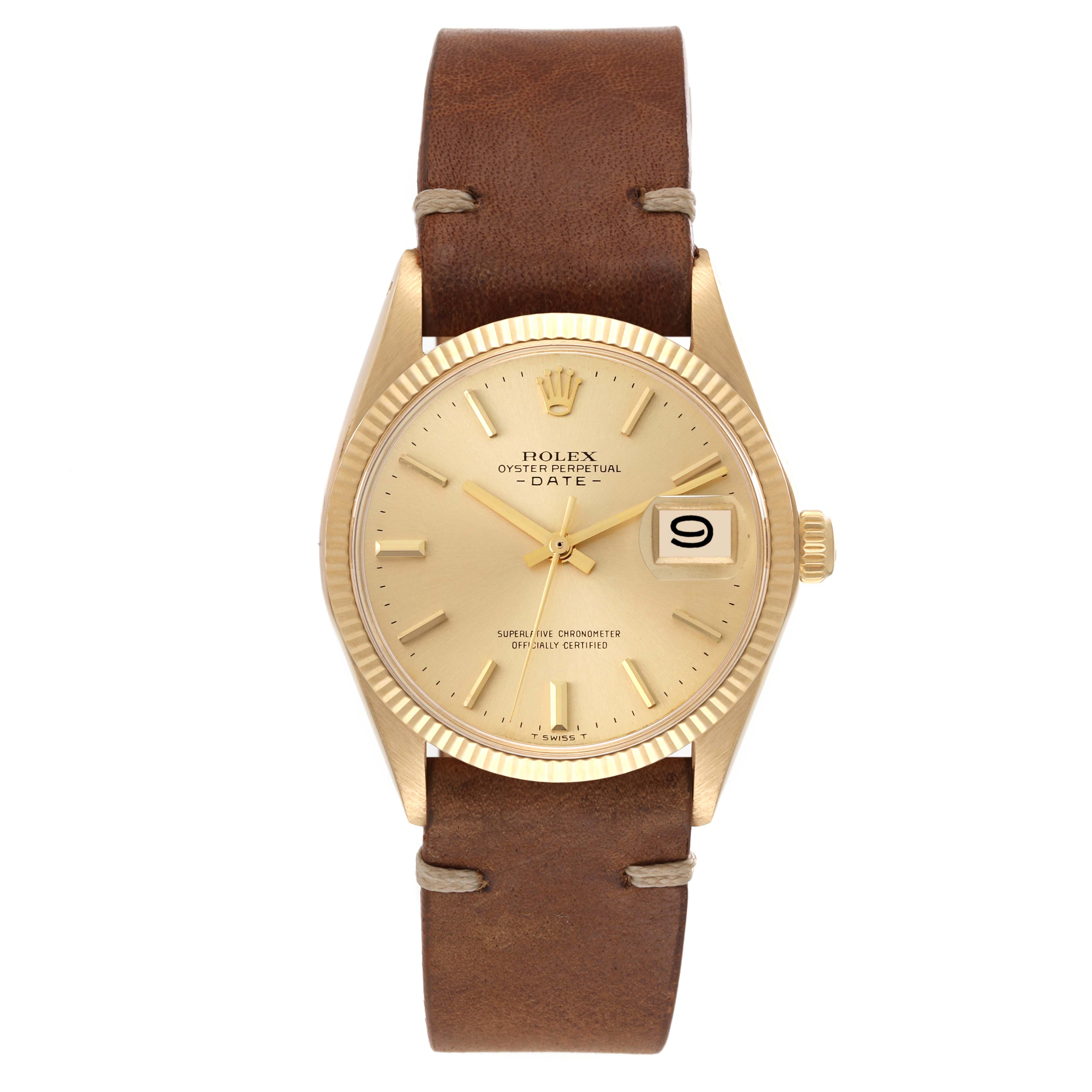 This image shows a front view of a Rolex Vintage Collection 1503 Men's Yellow Gold Champagne Dial 1503 Men's Yellow Gold Champagne Dial Oyster Perpetual Date watch with a brown leather strap.