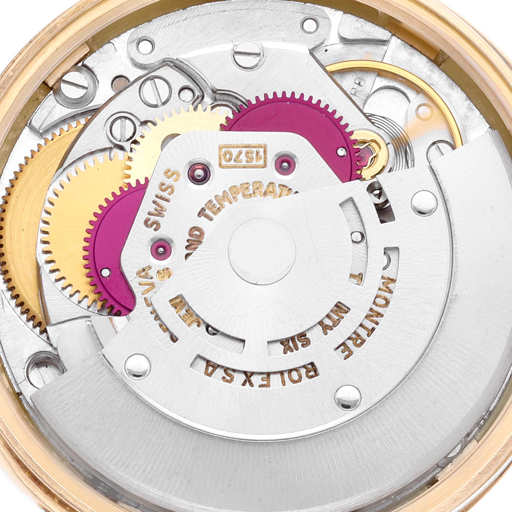 This close-up image shows the intricate mechanics of the Rolex Vintage Collection 1503 Men's Yellow Gold Champagne Dial 1503 Men's Yellow Gold Champagne Dial watch movement.