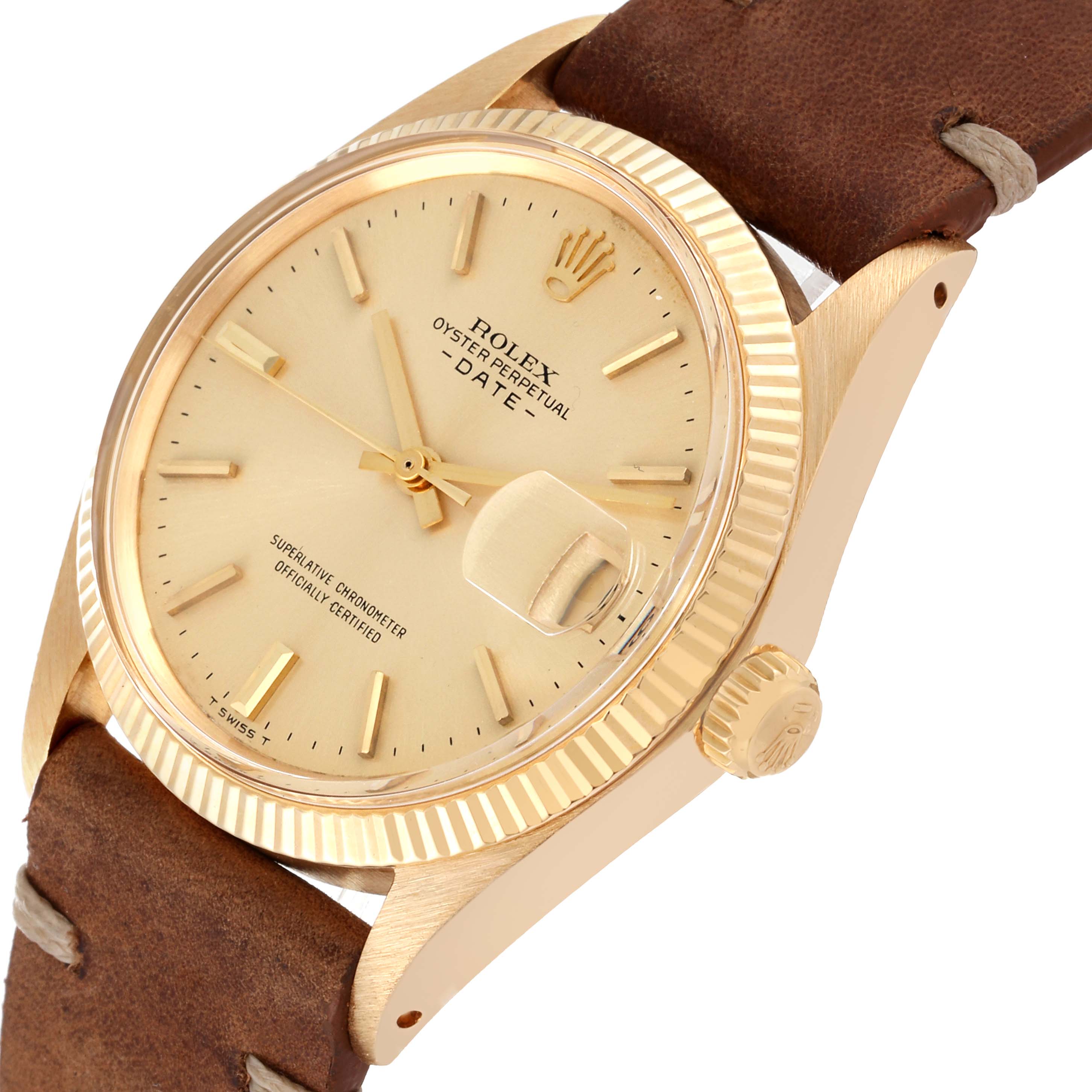 This image shows a close-up of the face and crown of a Vintage Collection Rolex Oyster Perpetual Date watch with a brown leather strap.