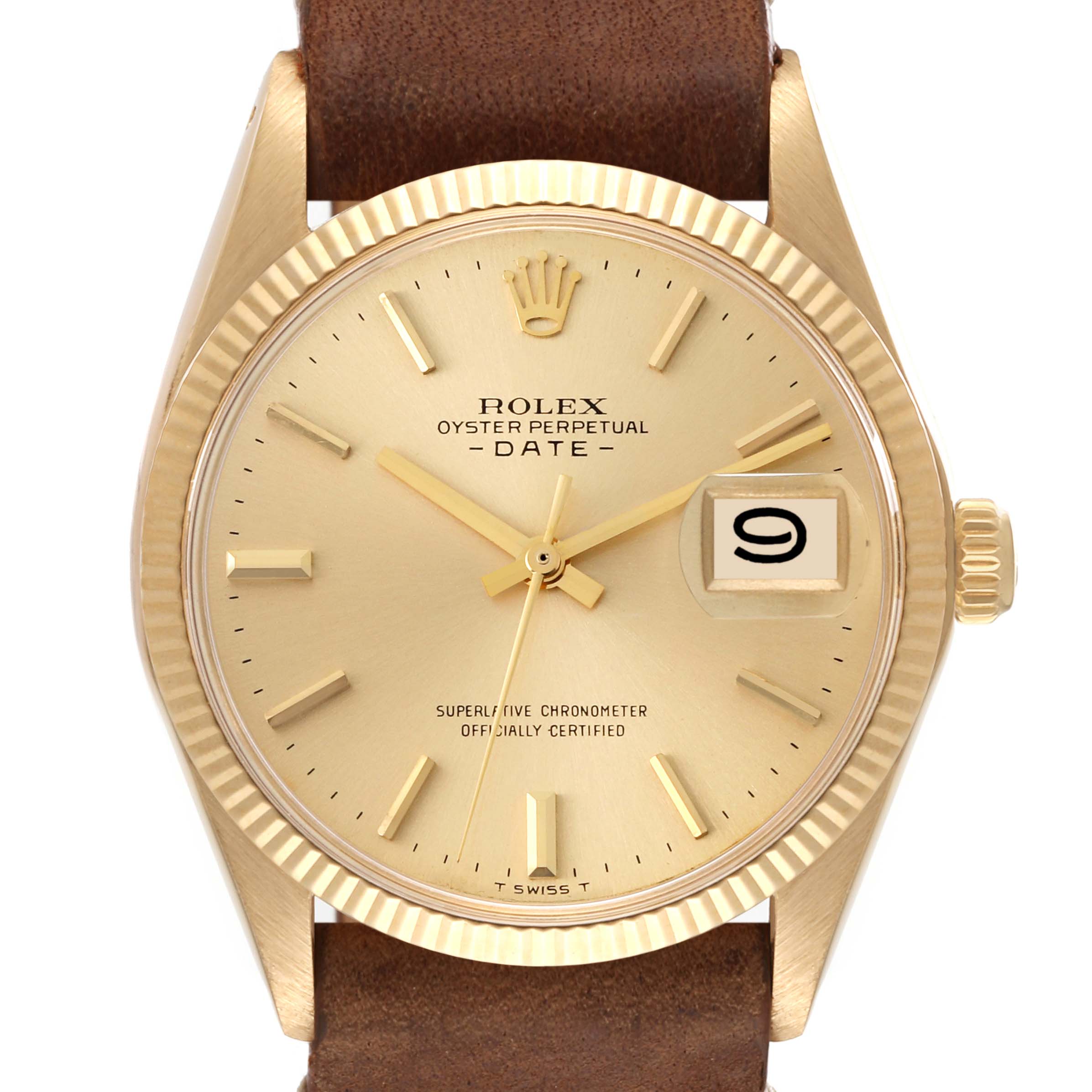 The image shows a frontal view of the Rolex Vintage Collection 1503 Men's Yellow Gold Champagne Dial 1503 Men's Yellow Gold Champagne Dial Oyster Perpetual Date, highlighting the beige dial, date window, and brown leather strap.