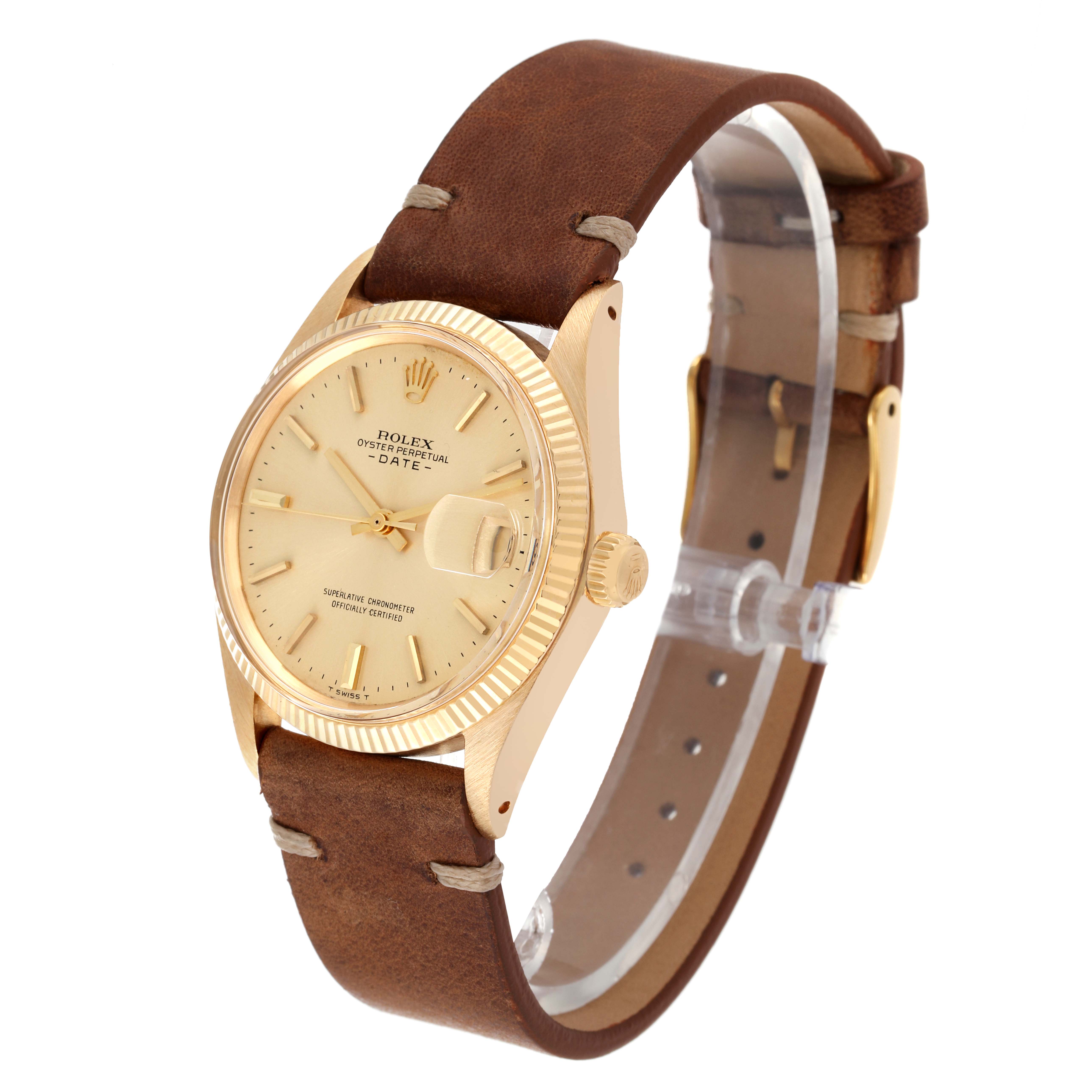 This Rolex Vintage Collection 1503 Men's Yellow Gold Champagne Dial 1503 Men's Yellow Gold Champagne Dial watch is shown at a three-quarter angle, highlighting its dial, bezel, crown, and leather strap.