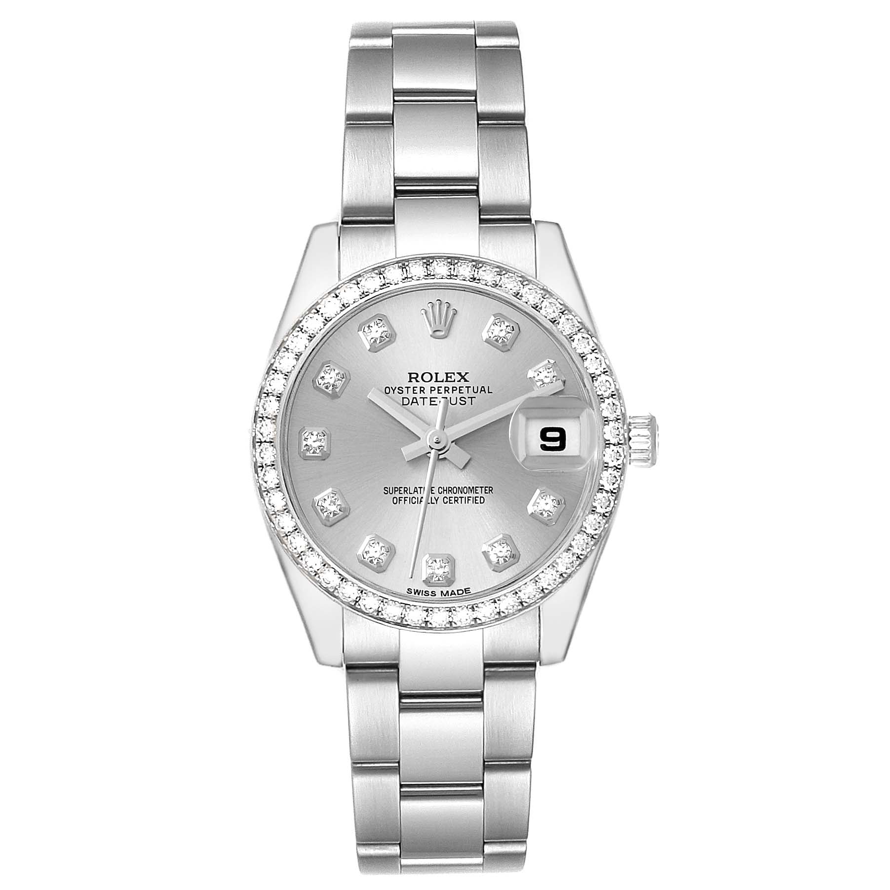 This image shows a Rolex Datejust 179384 Women's Stainless Steel Silver Dial 179384 Women's Stainless Steel Silver Dial watch from a front angle, displaying the face, bezel, and bracelet.